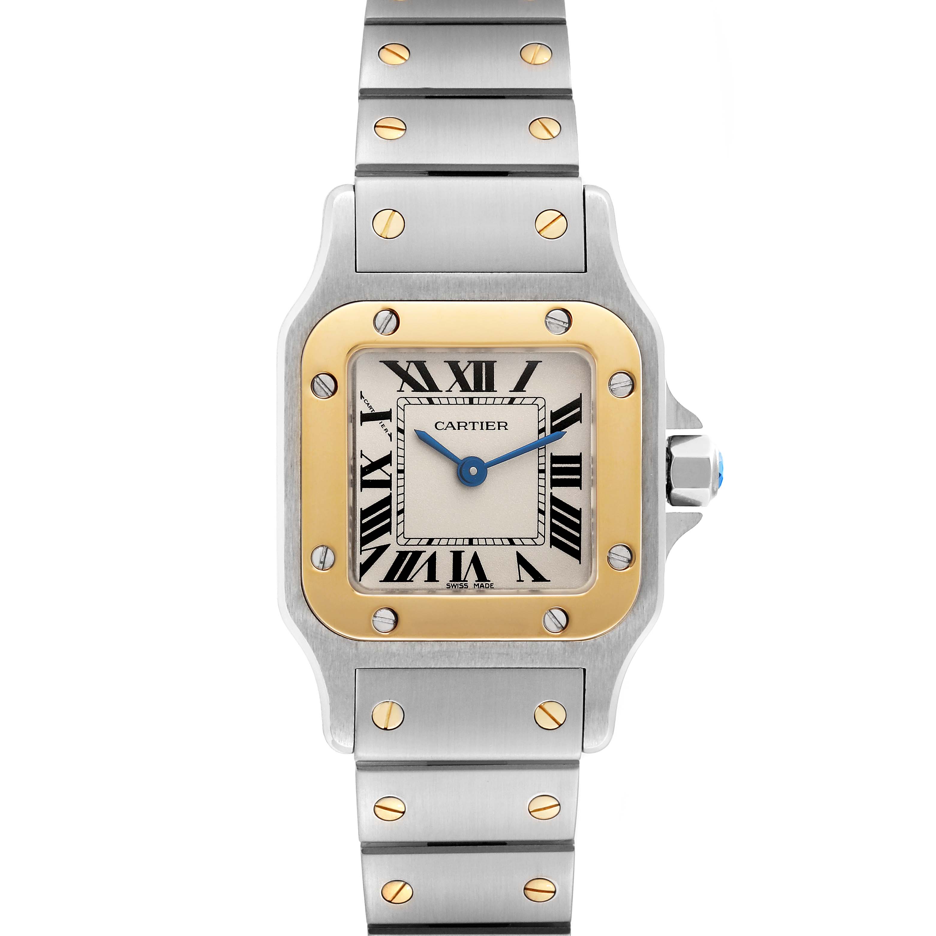 The image shows a front view of a Cartier Santos W20012C4 Women's Steel and Gold (two tone) Silver Dial W20012C4 Women's Steel and Gold (two tone) Silver Dial watch, highlighting its face, bezel, and bracelet.