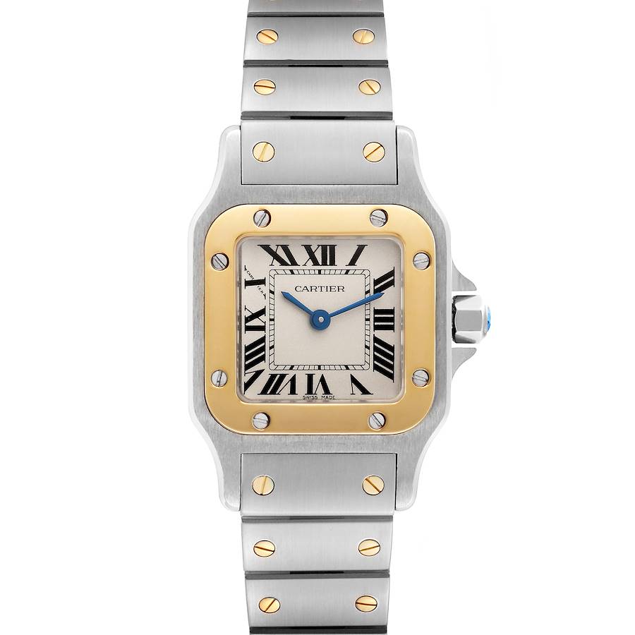 The image shows a front view of a Cartier Santos watch, highlighting its face, bezel, and bracelet.