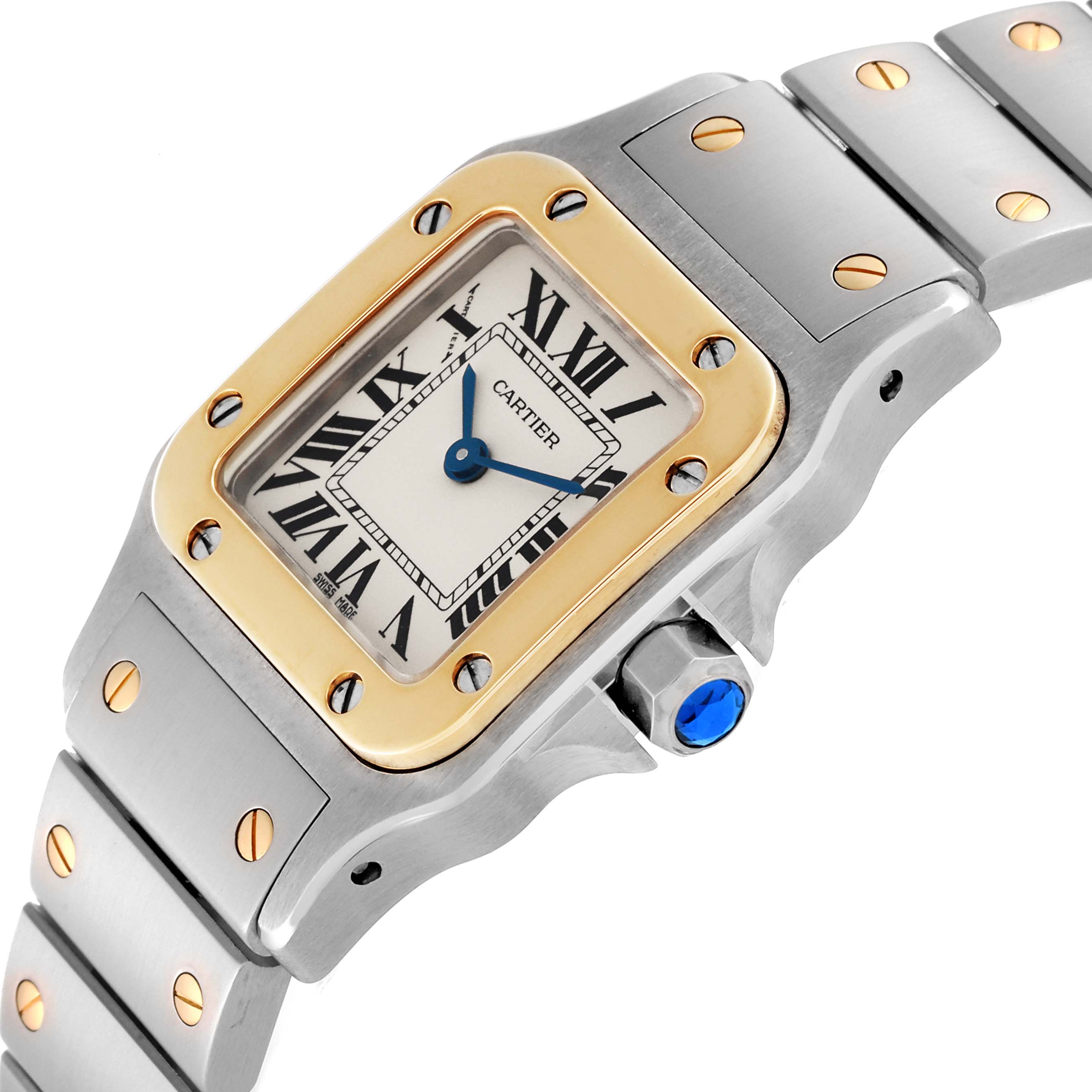 This image shows the Cartier Santos W20012C4 Women's Steel and Gold (two tone) Silver Dial W20012C4 Women's Steel and Gold (two tone) Silver Dial watch at an oblique angle focusing on the face, bezel, and part of the bracelet.
