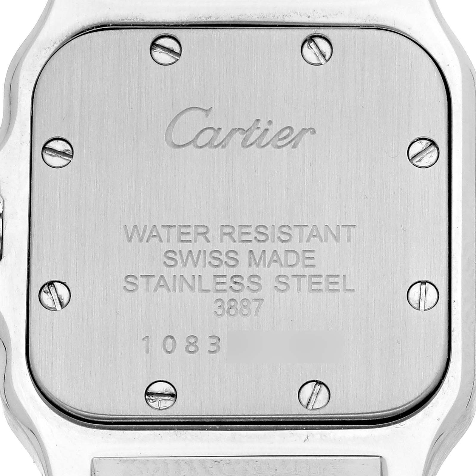This image shows the back of the Cartier Santos W20012C4 Women's Steel and Gold (two tone) Silver Dial W20012C4 Women's Steel and Gold (two tone) Silver Dial watch, featuring the brand, model details, and durability information.
