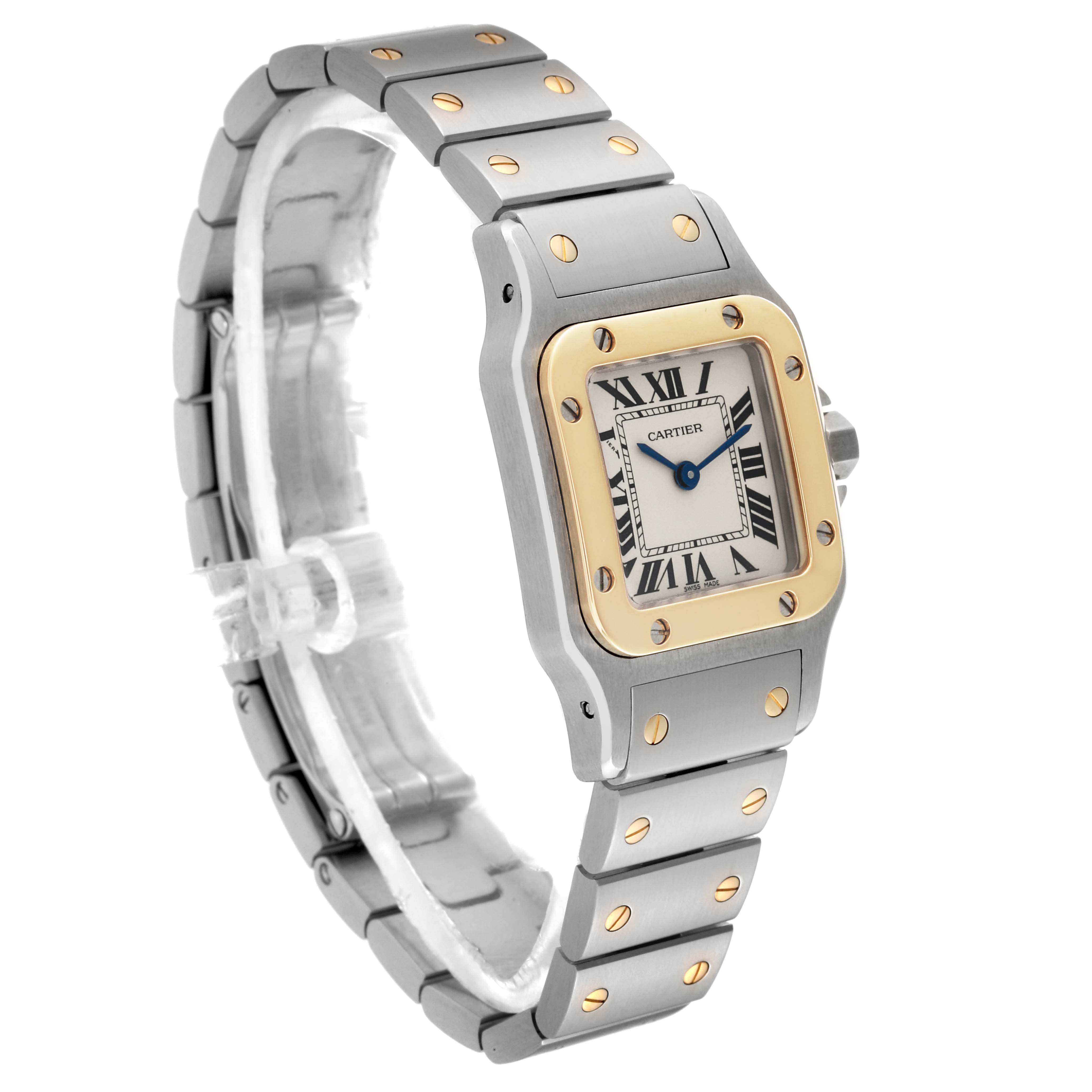 This Cartier Santos W20012C4 Women's Steel and Gold (two tone) Silver Dial W20012C4 Women's Steel and Gold (two tone) Silver Dial watch is shown at a three-quarter angle, clearly displaying the face, bezel, and bracelet.
