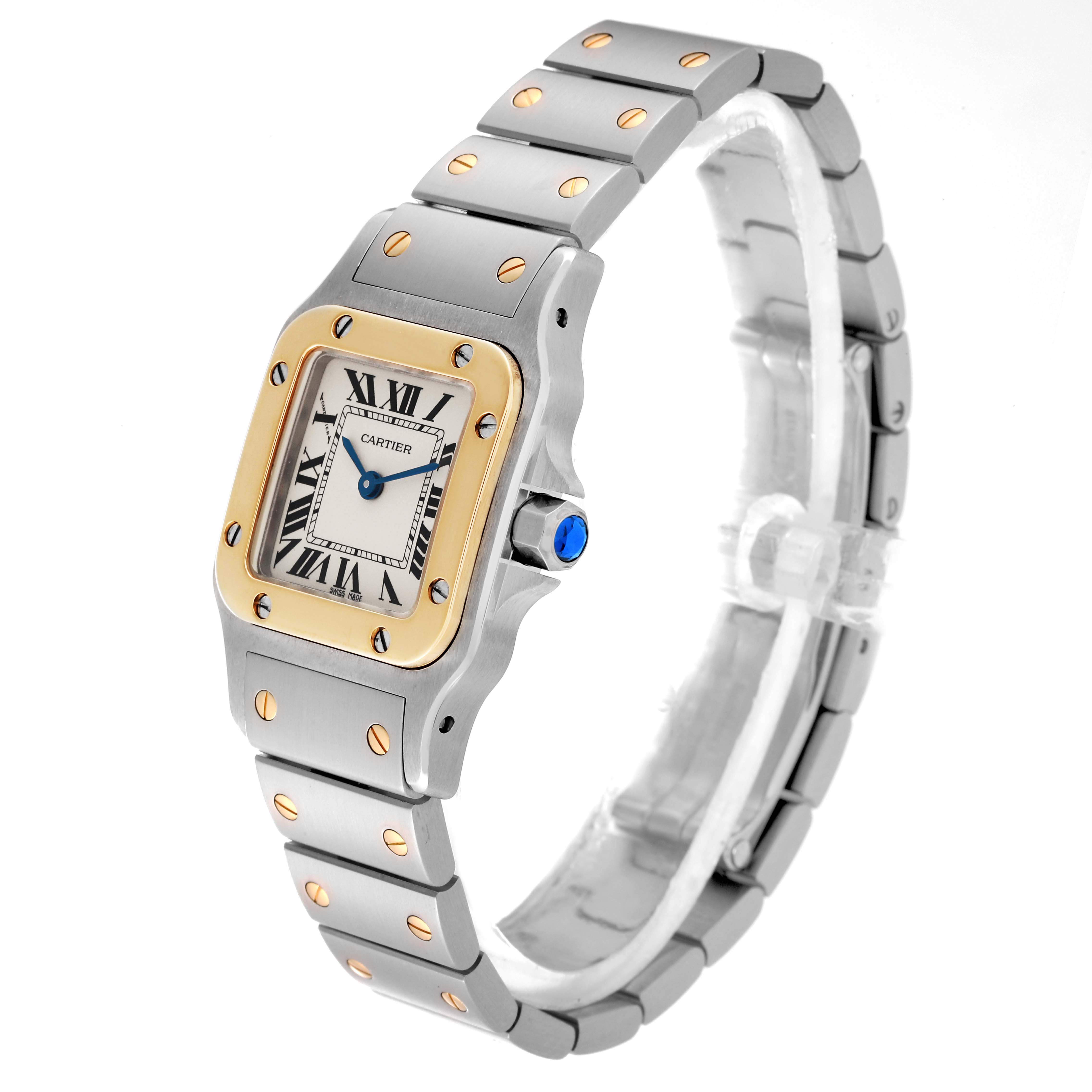 This image shows a Cartier Santos W20012C4 Women's Steel and Gold (two tone) Silver Dial W20012C4 Women's Steel and Gold (two tone) Silver Dial watch at a three-quarter angle, highlighting the case, bezel, bracelet, and crown.