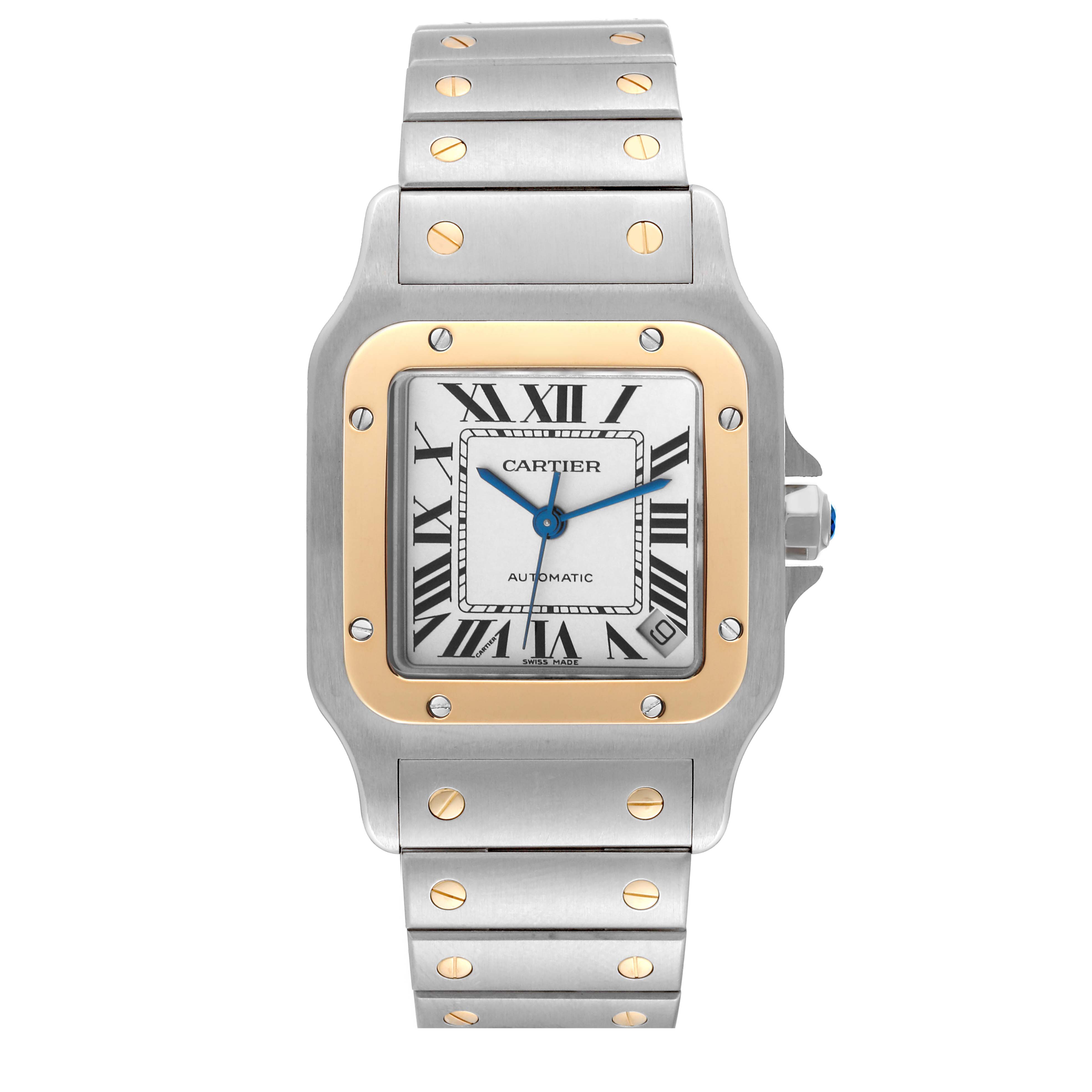 The image shows a front view of a Cartier Santos W20099C4 Men
s Steel and Gold (two tone) Silver Dial W20099C4 Men
s Steel and Gold (two tone) Silver Dial watch, highlighting its dial, bezel, and metal bracelet.