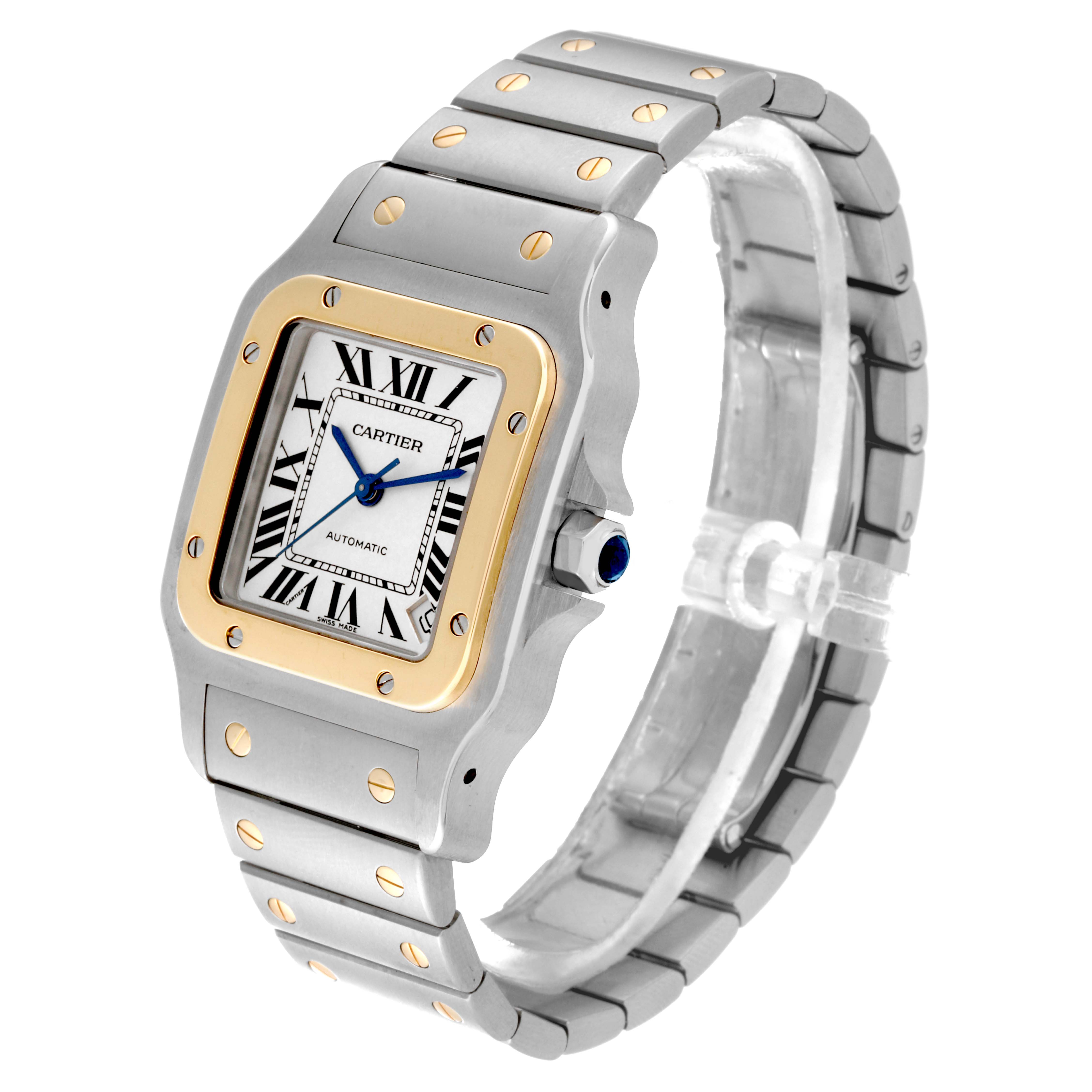 The image shows a side angle of the Cartier Santos W20099C4 Men
s Steel and Gold (two tone) Silver Dial W20099C4 Men
s Steel and Gold (two tone) Silver Dial watch featuring its face, bracelet, and crown.