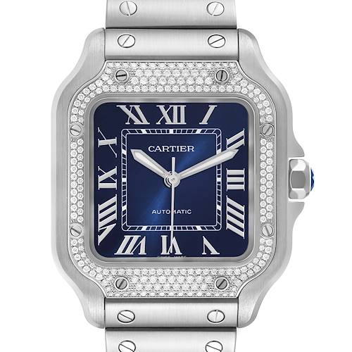 Photo of Cartier Santos Stainless Steel Diamond Blue Dial Mens Watch W4SA0006 Unworn