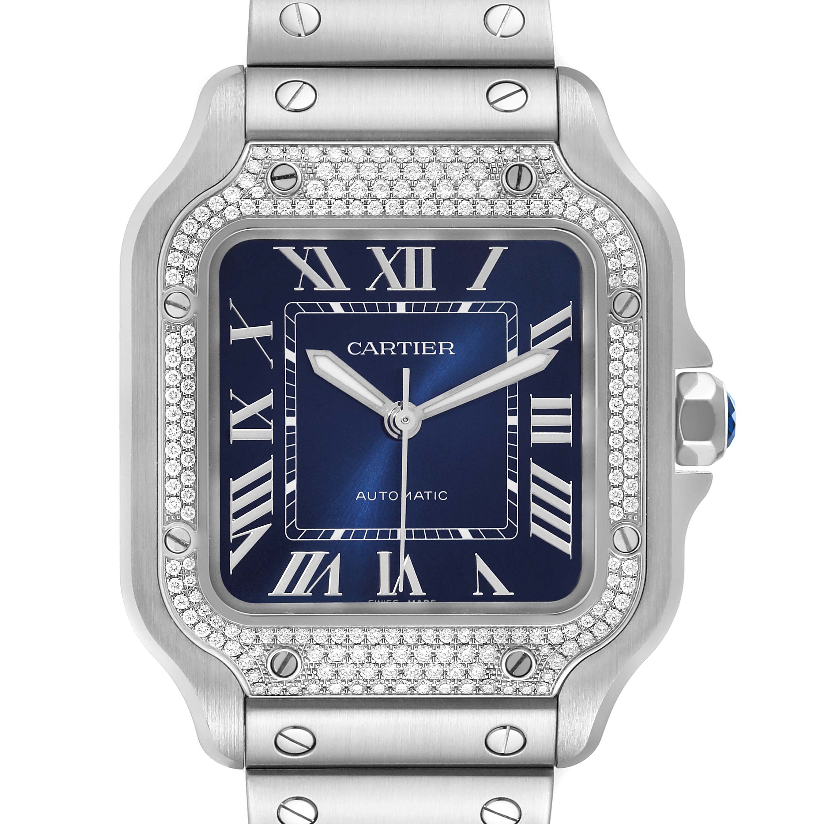The image shows the face and partial bracelet of the Cartier Santos W4SA0006 Men
s Stainless Steel Blue Dial W4SA0006 Men
s Stainless Steel Blue Dial watch at a top-down angle.