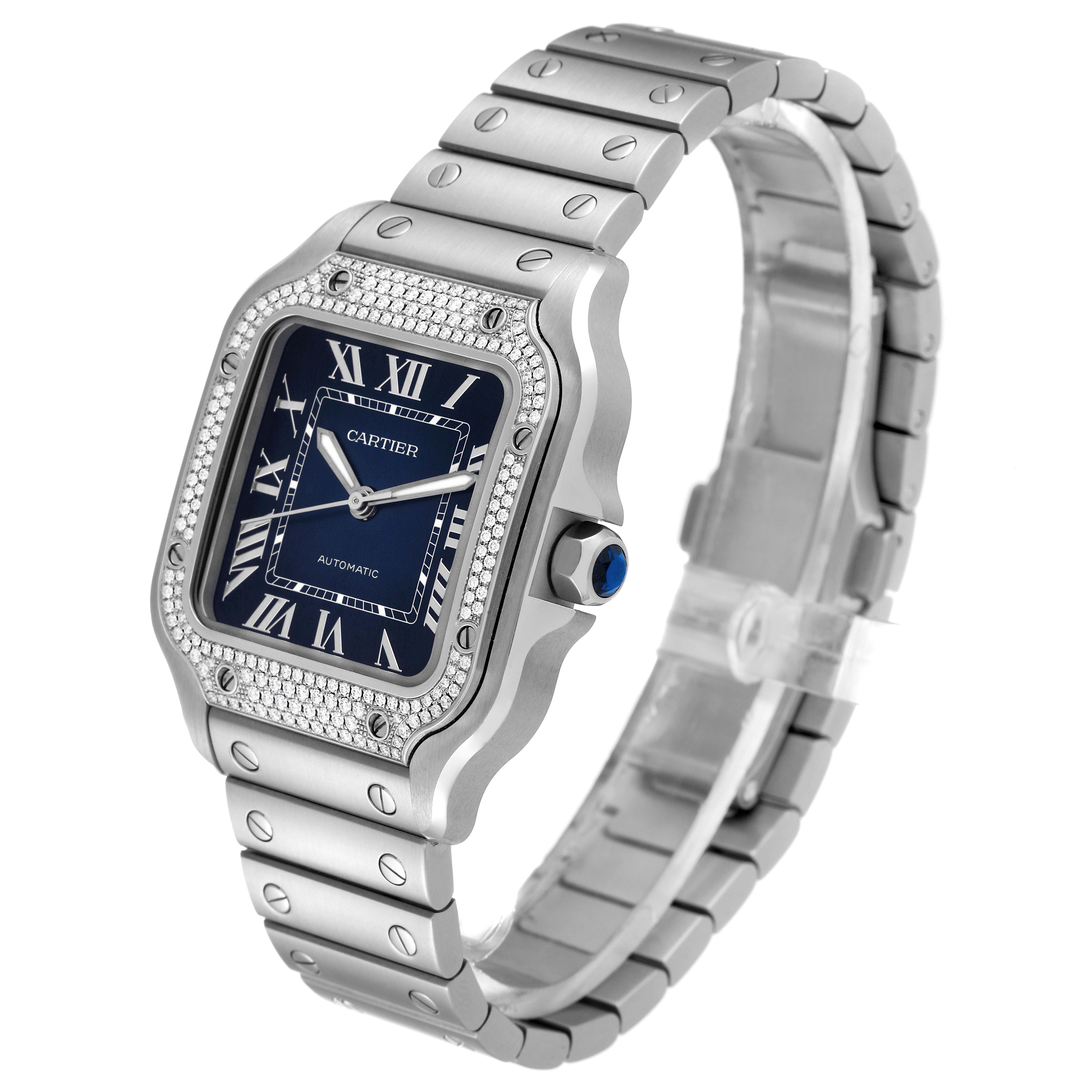 This image shows a Cartier Santos W4SA0006 Men
s Stainless Steel Blue Dial W4SA0006 Men
s Stainless Steel Blue Dial watch at a three-quarter angle, highlighting the face, bezel, case, and bracelet.
