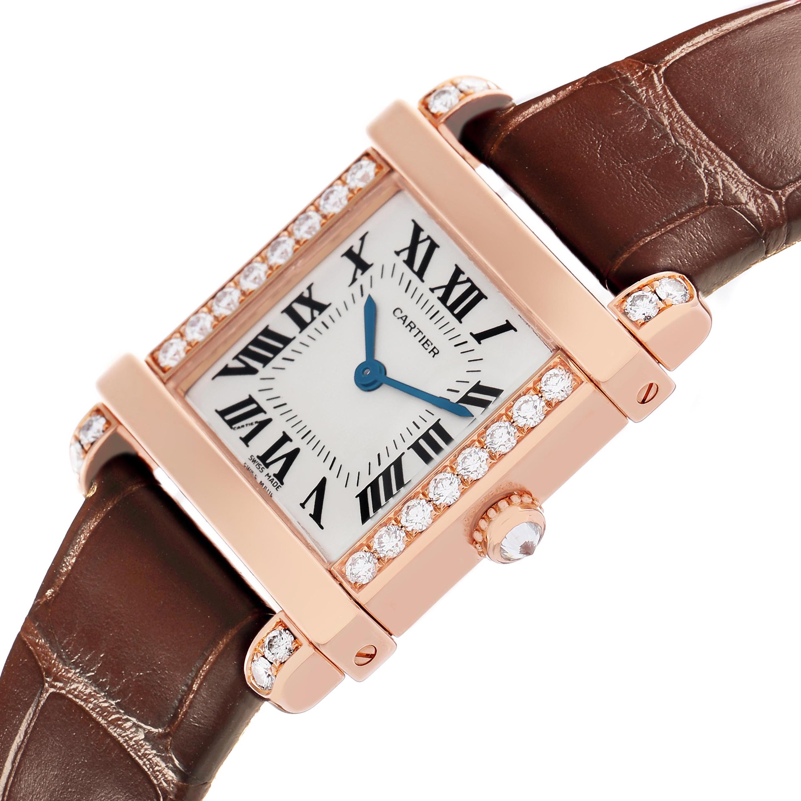The Cartier Tank Louis WE300131 Women's Rose Gold Silver Dial WE300131 Women's Rose Gold Silver Dial watch is shown at a slight angle, highlighting the face, diamond-set bezel, and brown leather strap.