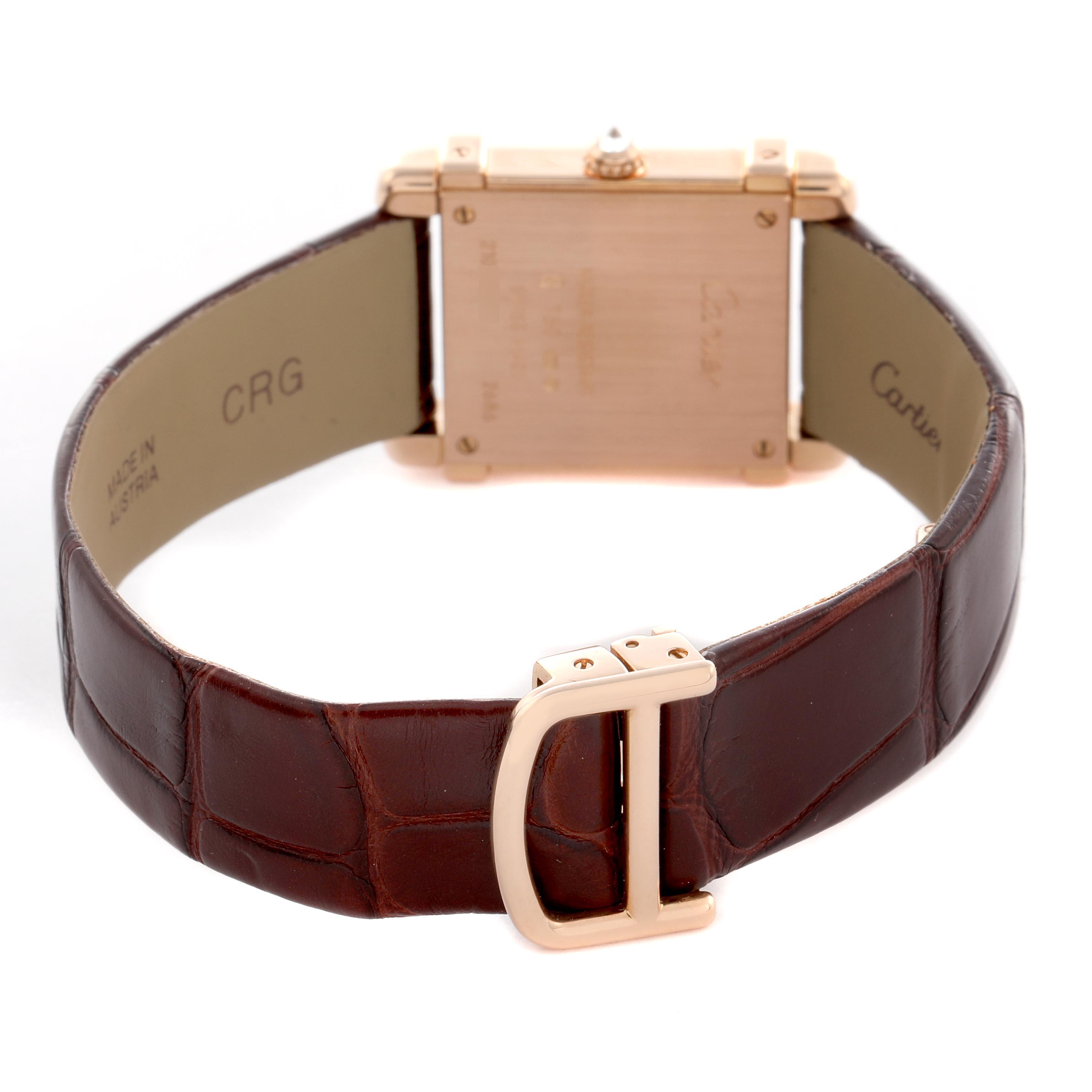 The image shows the back and side view of a Cartier Tank Louis WE300131 Women's Rose Gold Silver Dial WE300131 Women's Rose Gold Silver Dial watch, highlighting the leather strap and buckle.