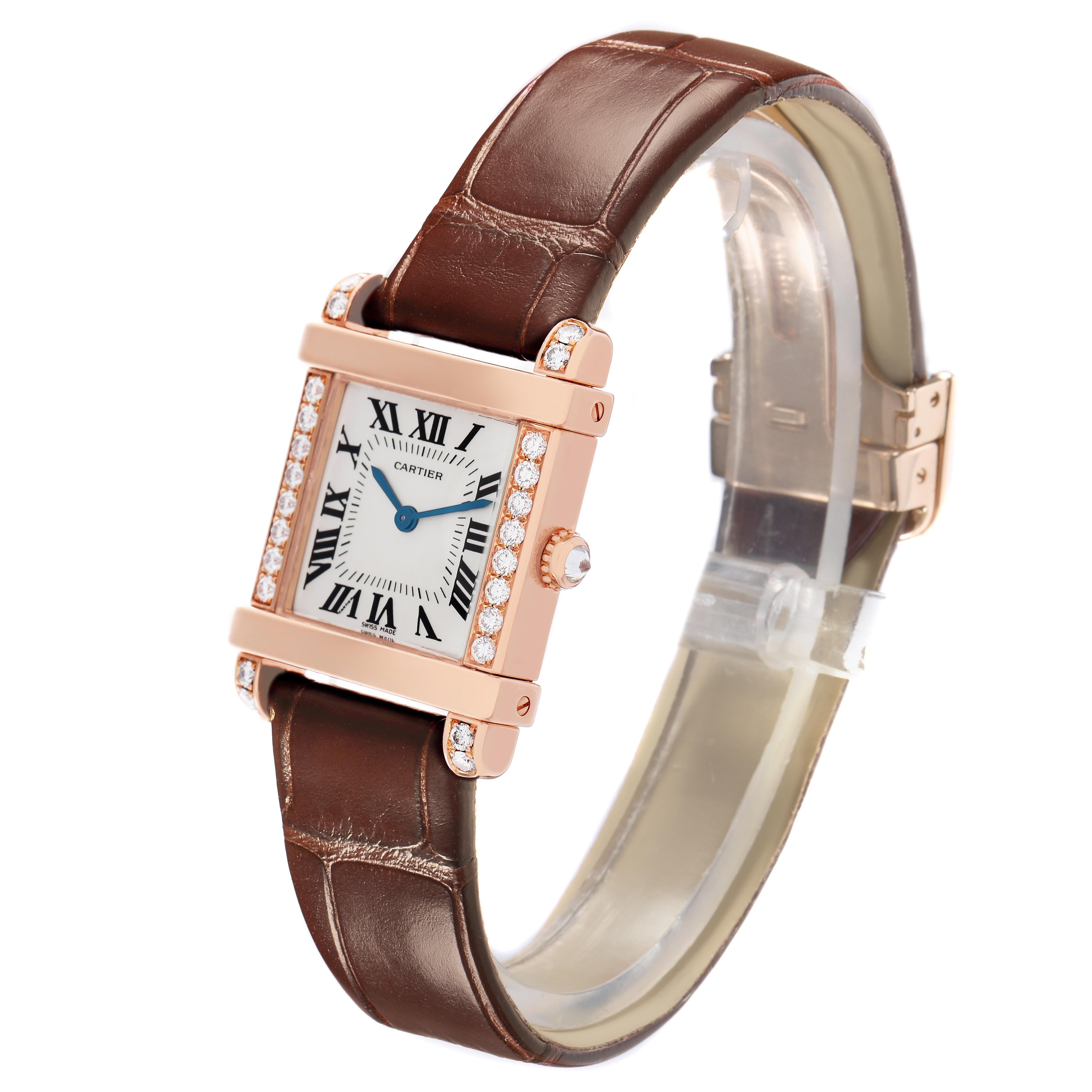 The Cartier Tank Louis WE300131 Women's Rose Gold Silver Dial WE300131 Women's Rose Gold Silver Dial watch is shown at a three-quarter angle, displaying the face, strap, and side view.