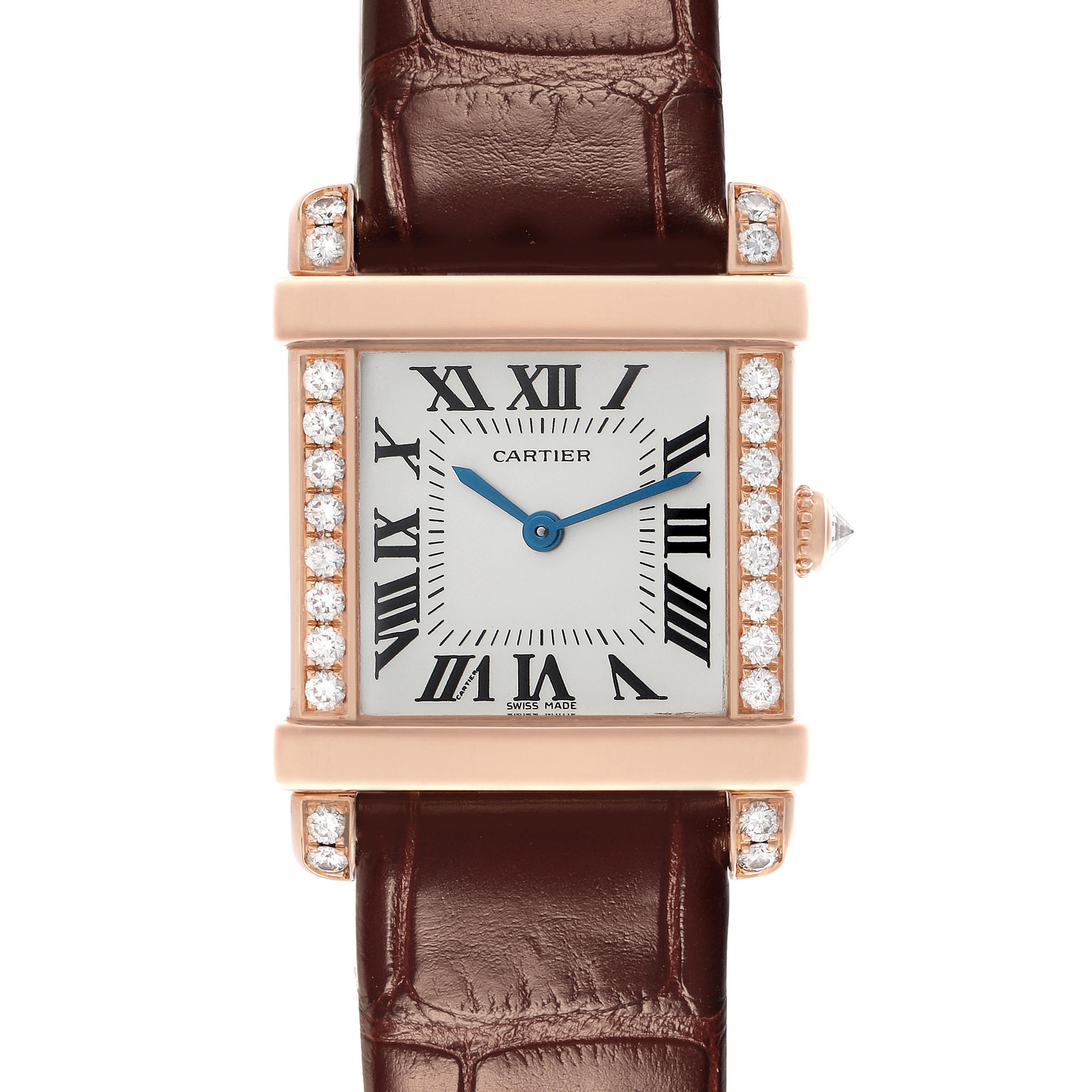 The Cartier Tank Louis WE300131 Women's Rose Gold Silver Dial WE300131 Women's Rose Gold Silver Dial watch is shown from the front, highlighting its rectangular face, Roman numerals, diamond-set bezel, and leather strap.