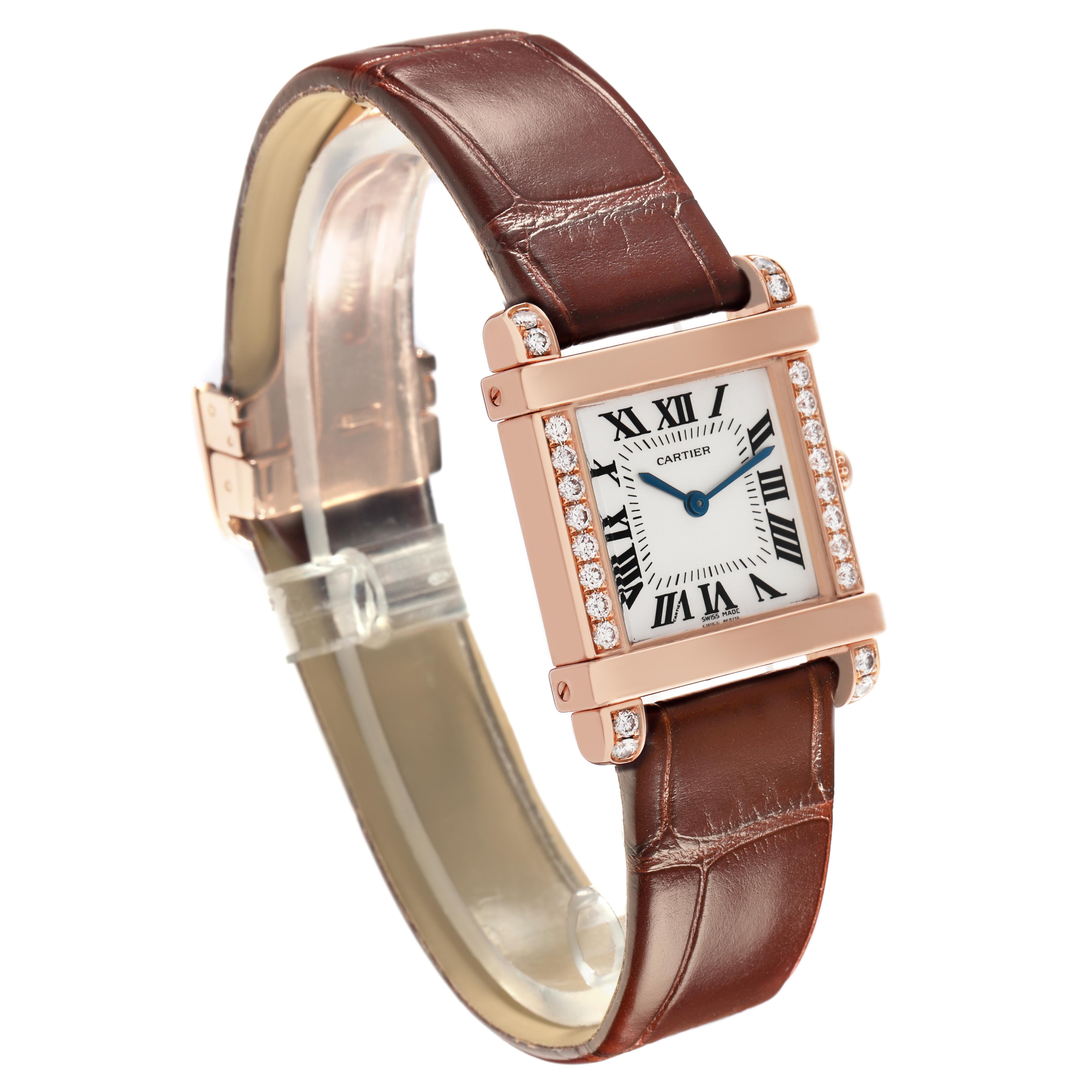 The Cartier Tank Louis WE300131 Women's Rose Gold Silver Dial WE300131 Women's Rose Gold Silver Dial watch is shown at a three-quarter angle, highlighting its leather strap, diamond-studded sides, and Roman numeral dial.