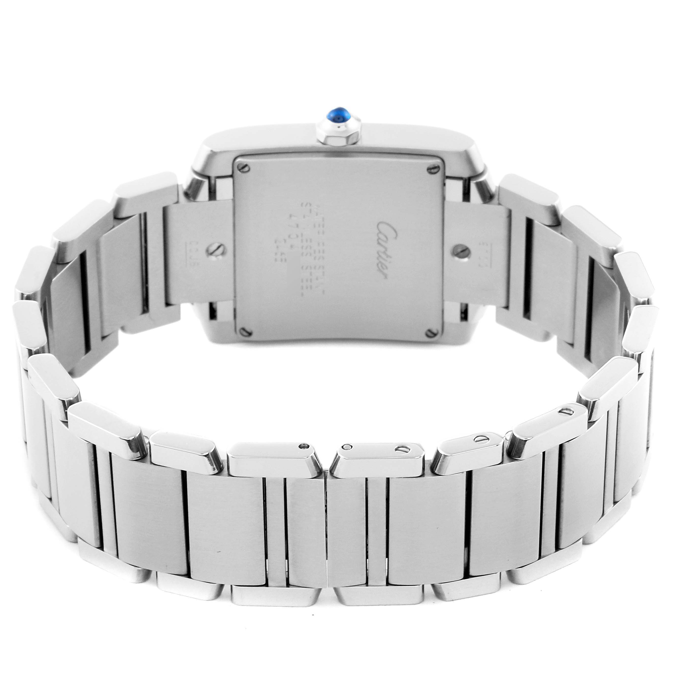 This image shows the back of a Tank Francaise watch by Cartier, highlighting the case back, bracelet, and clasp.