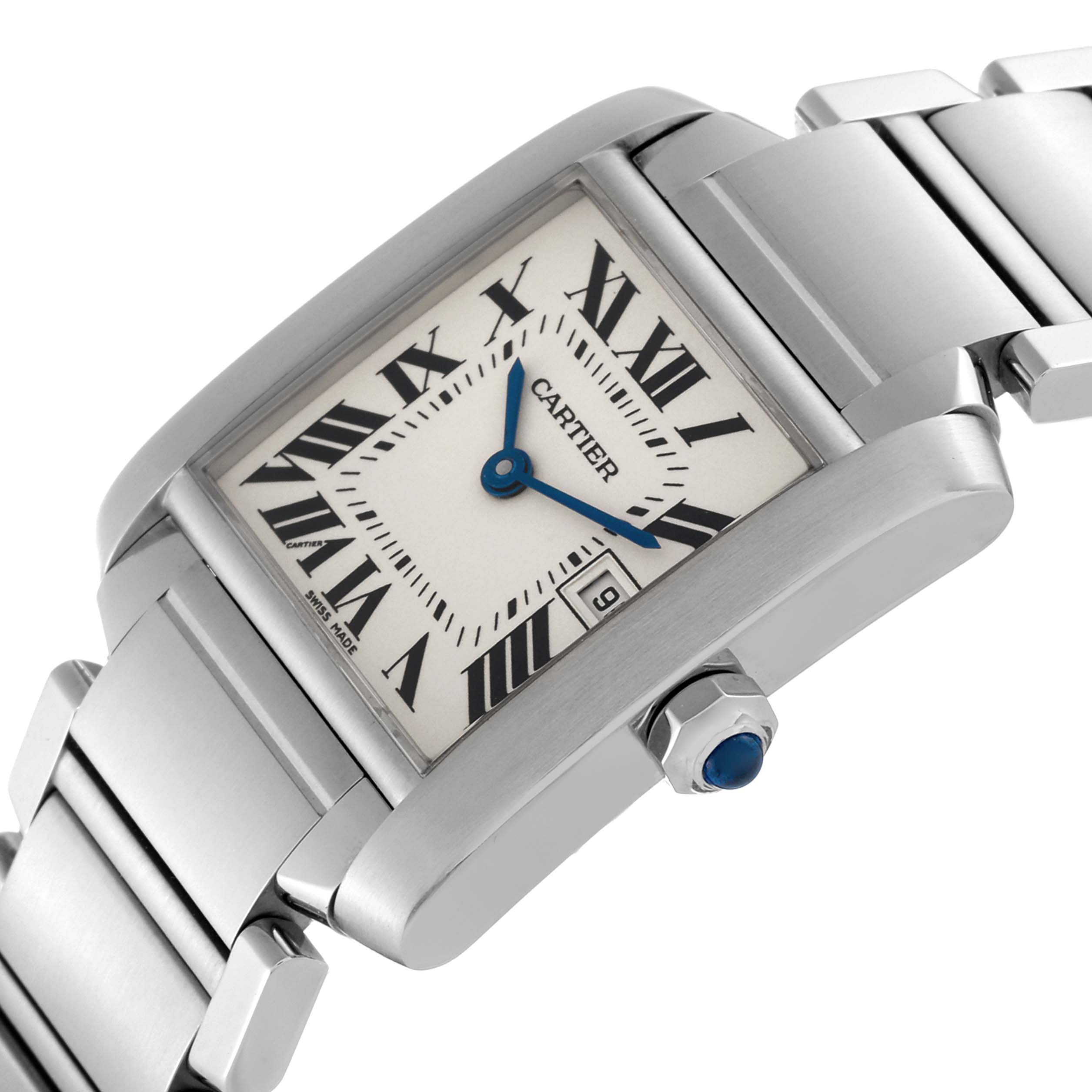 The image shows a Cartier Tank Française watch at a slight angle, displaying the dial, bracelet, and crown with a blue cabochon.