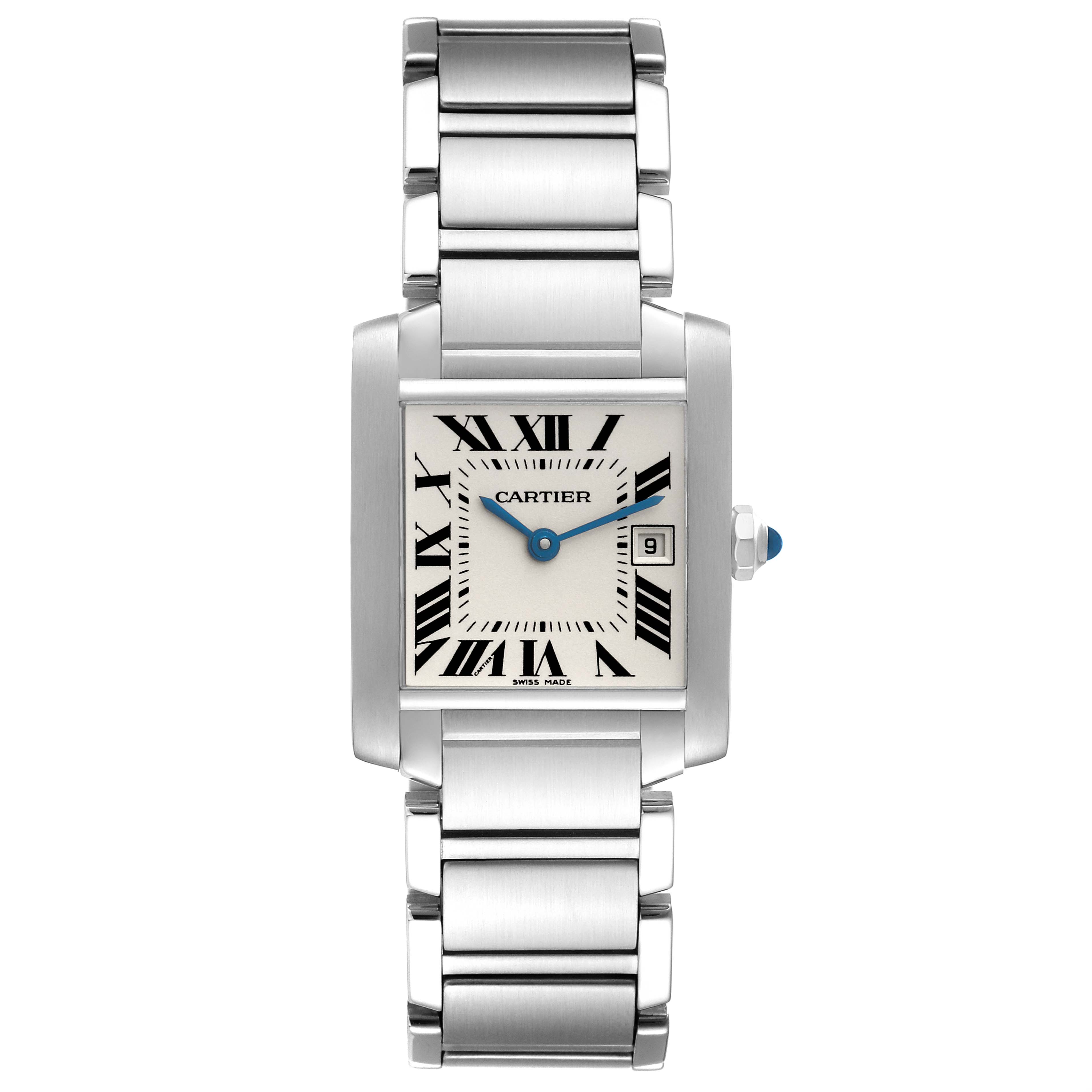 This image shows a Cartier Tank Francaise W51011Q3 Women
s Stainless Steel Silver Dial W51011Q3 Women
s Stainless Steel Silver Dial wristwatch from a front angle, displaying the face, the Roman numeral dial, and the bracelet.