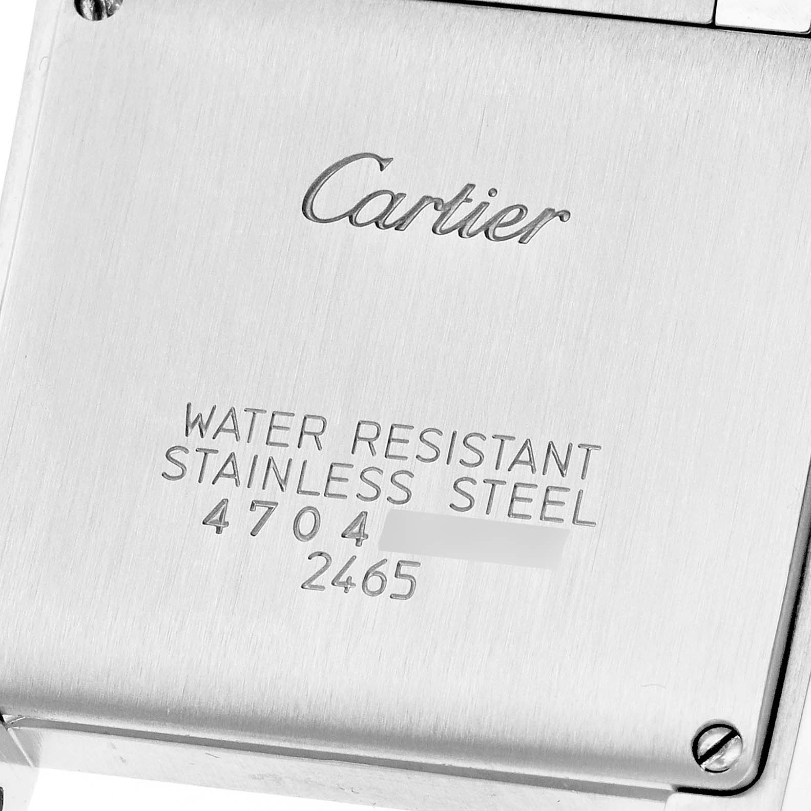 This is the back case of a Cartier Tank Francaise W51011Q3 Women
s Stainless Steel Silver Dial W51011Q3 Women
s Stainless Steel Silver Dial watch showing the brand name, material, and water resistance details.