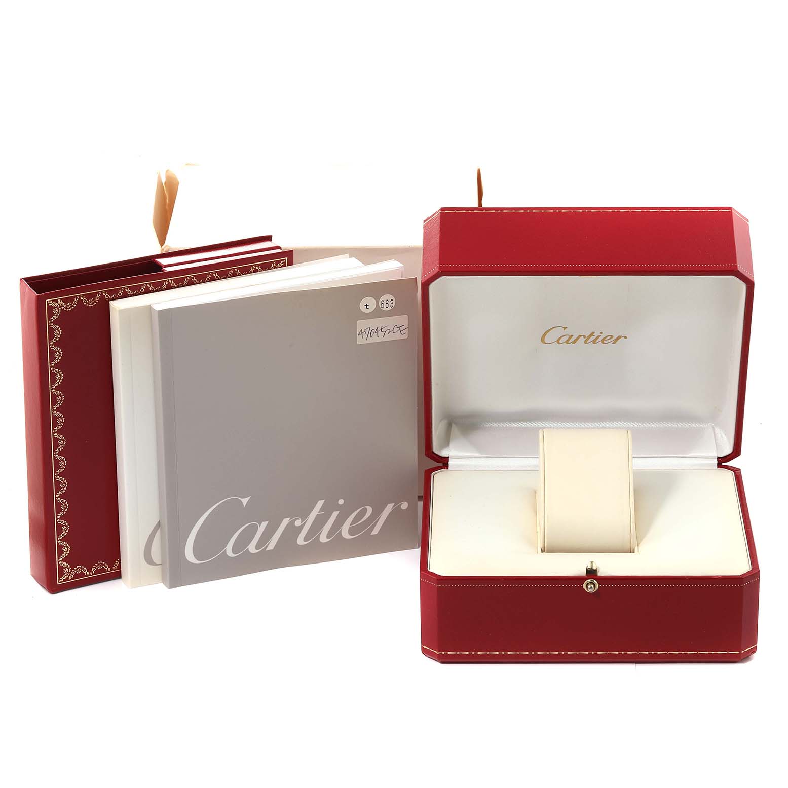 The image shows the packaging and accessories of a Cartier Tank Francaise W51011Q3 Women
s Stainless Steel Silver Dial W51011Q3 Women
s Stainless Steel Silver Dial, including a red watch box and accompanying booklets.