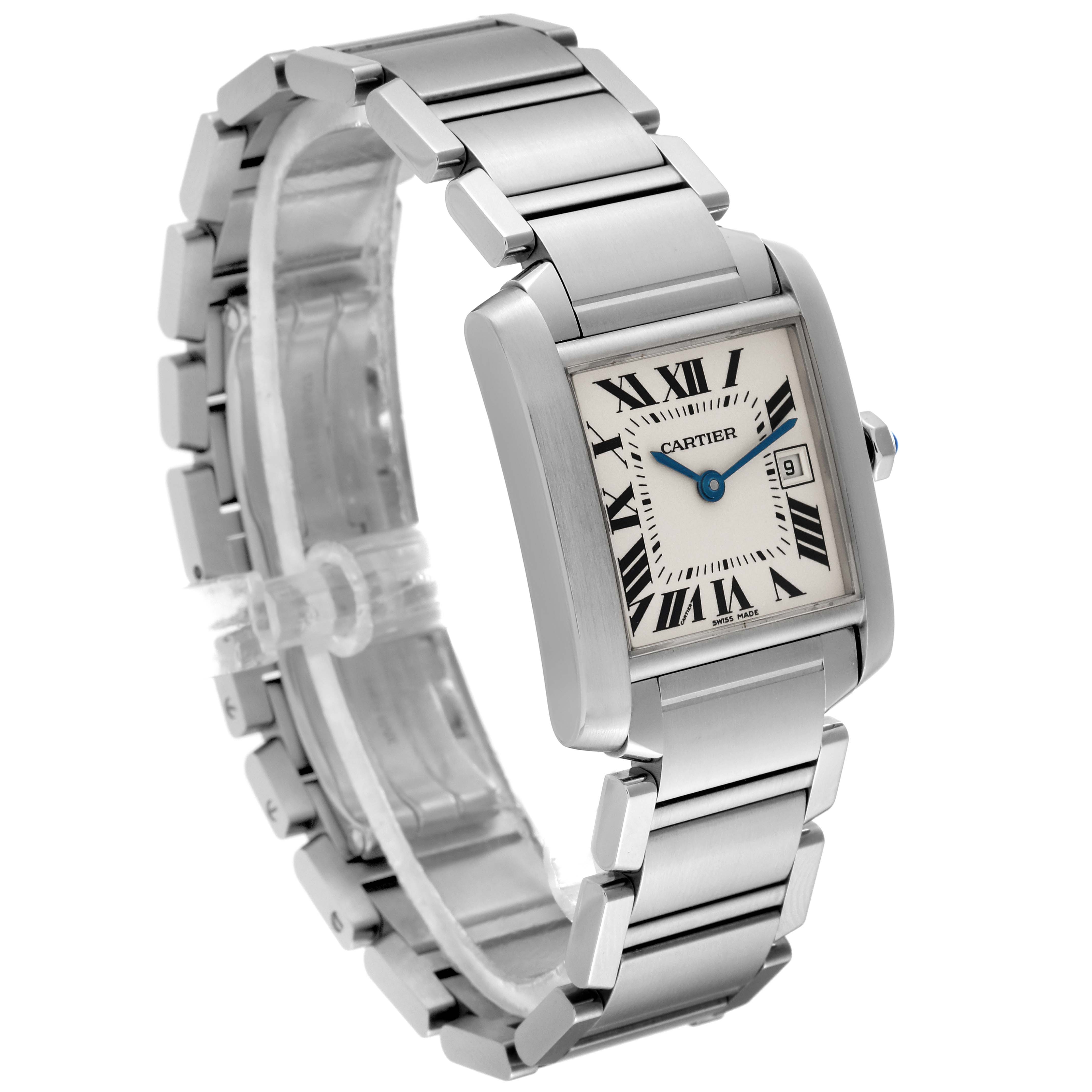 The Cartier Tank Francaise W51011Q3 Women
s Stainless Steel Silver Dial W51011Q3 Women
s Stainless Steel Silver Dial watch is shown at a three-quarter angle, displaying the case, bracelet, and dial with Roman numerals.