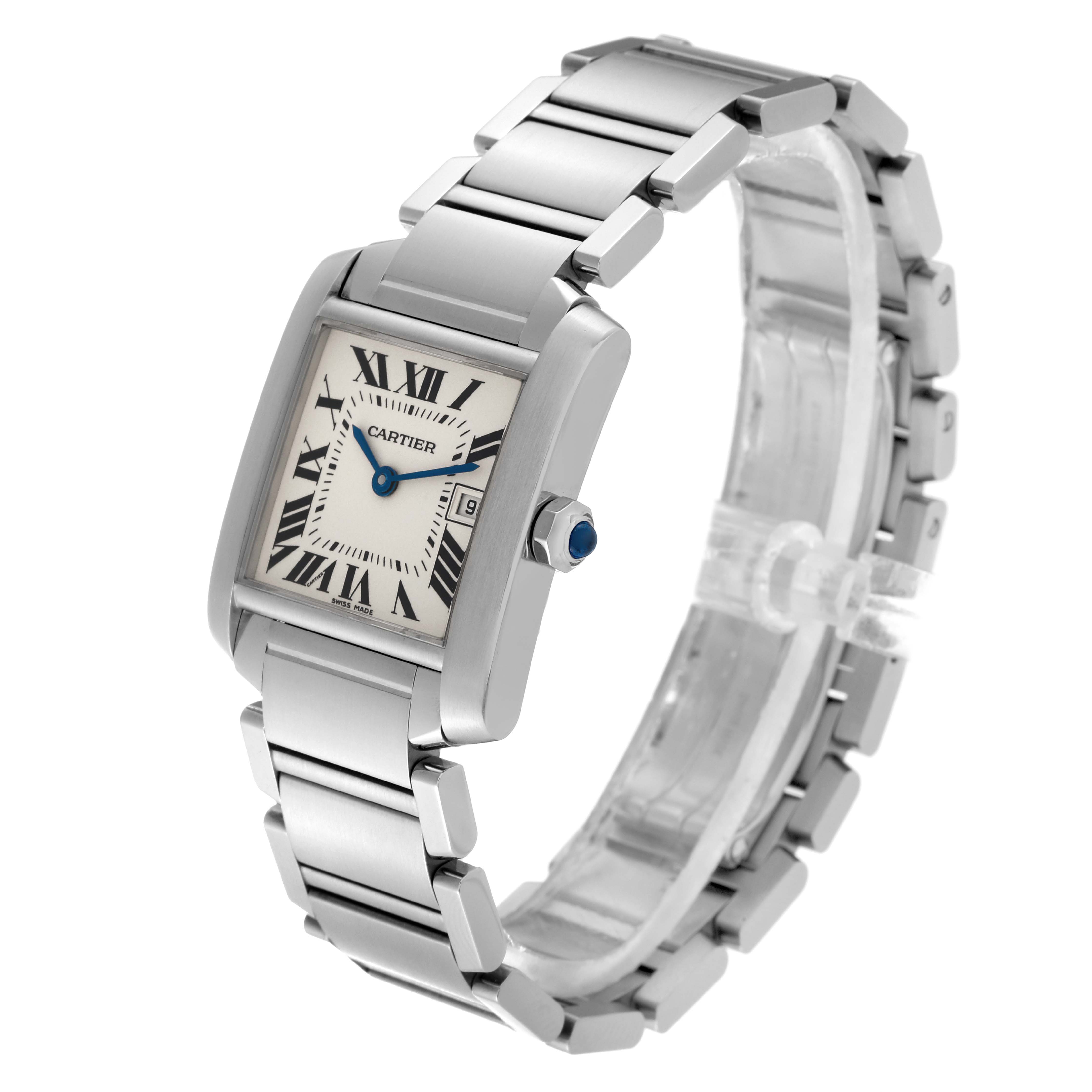 The Tank Francaise by Cartier is shown at a slight angle, highlighting the face, bracelet, and side crown.