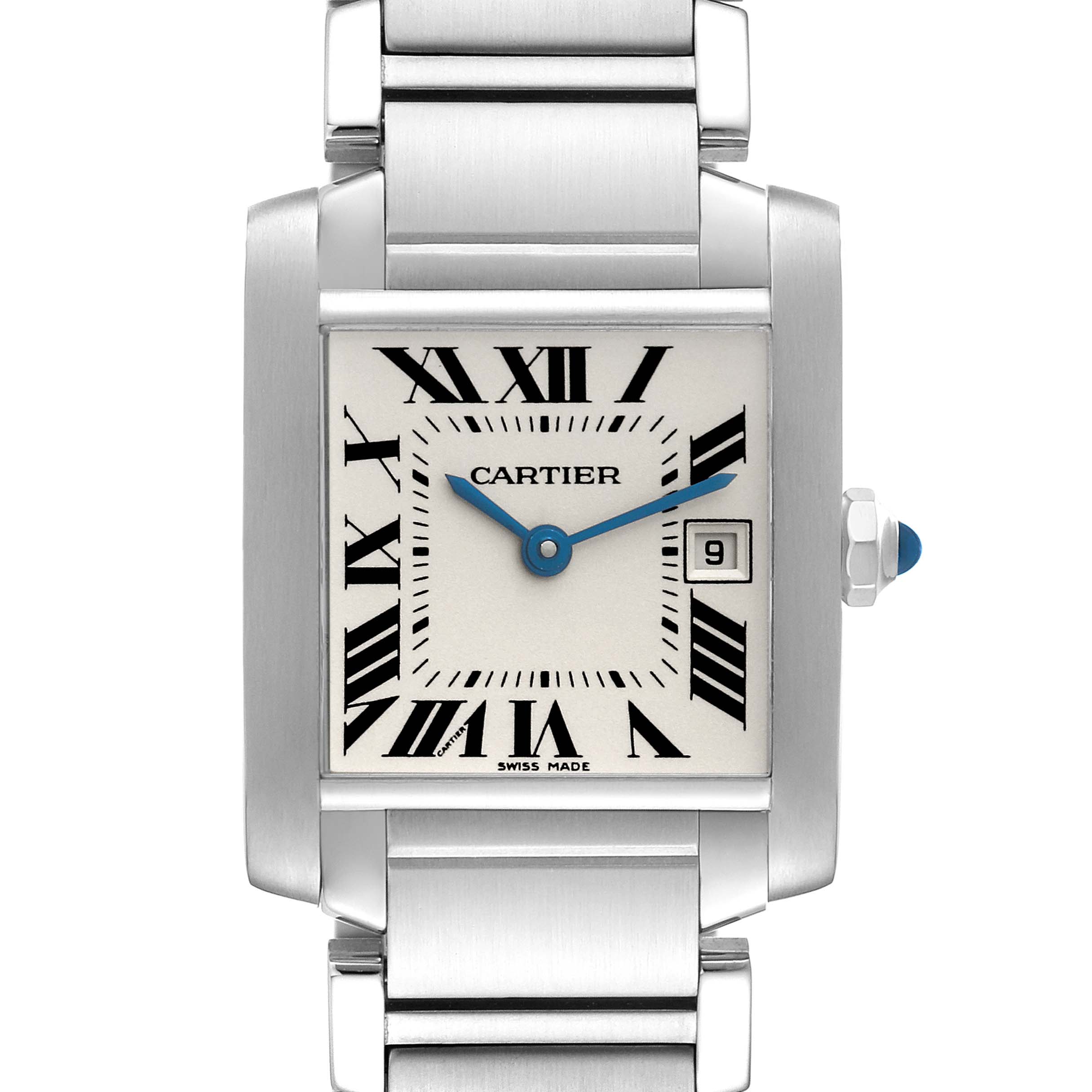 This image shows a front view of the Cartier Tank Francaise W51011Q3 Women
s Stainless Steel Silver Dial W51011Q3 Women
s Stainless Steel Silver Dial watch, highlighting its dial, hands, and part of the bracelet.