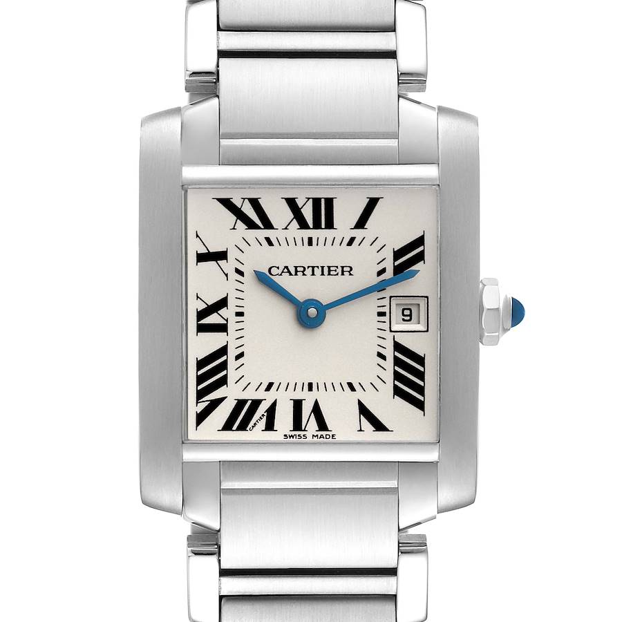 This image shows a front view of the Cartier Tank Francaise watch, highlighting its dial, hands, and part of the bracelet.