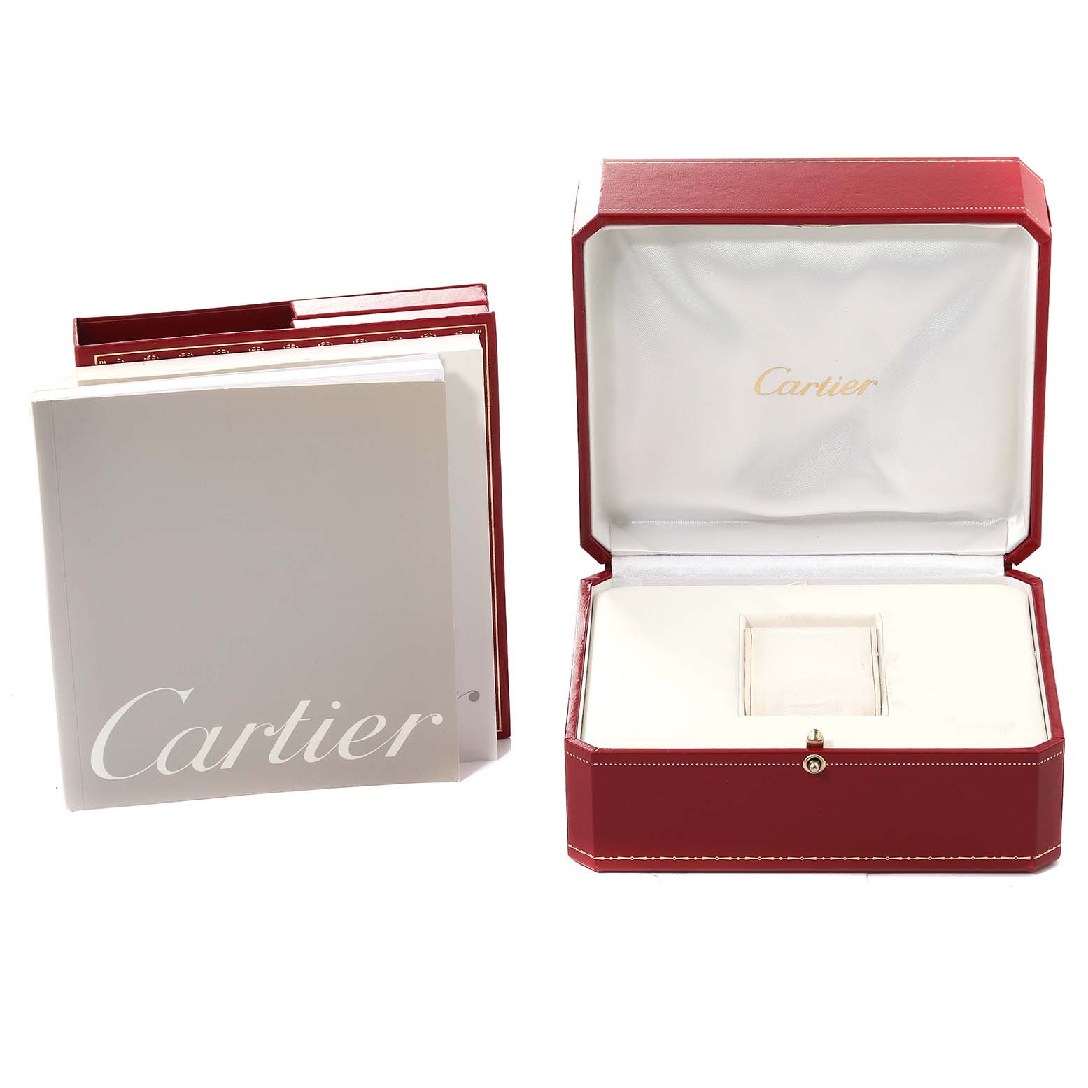 The image shows the open jewelry box and manuals for the Cartier Tank Francaise W51011Q3 Women
s Stainless Steel Silver Dial W51011Q3 Women
s Stainless Steel Silver Dial watch model.