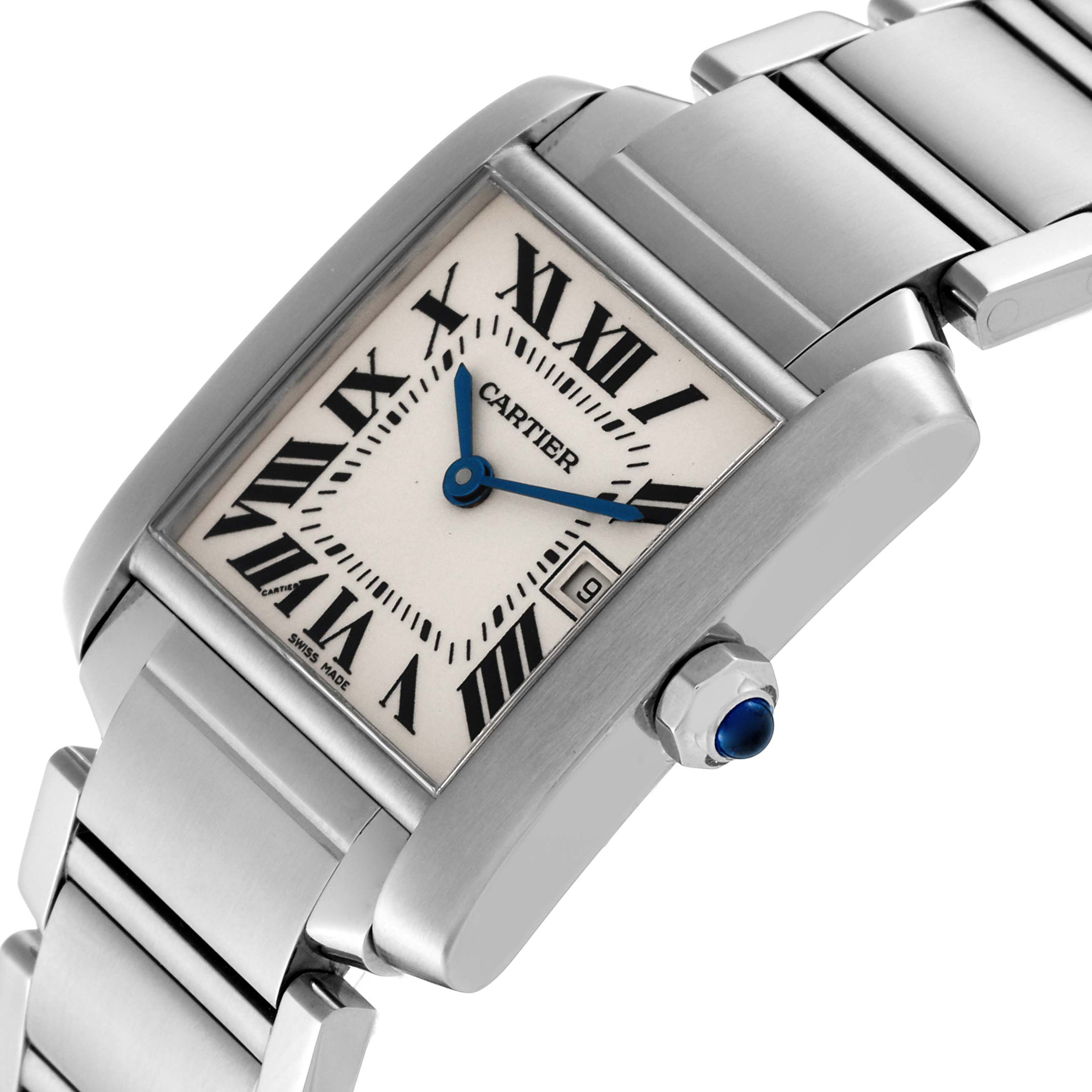 The image shows a Cartier Tank Francaise W51011Q3 Women
s Stainless Steel Silver Dial W51011Q3 Women
s Stainless Steel Silver Dial watch with a side angle, highlighting the dial, crown, and part of the metal bracelet.