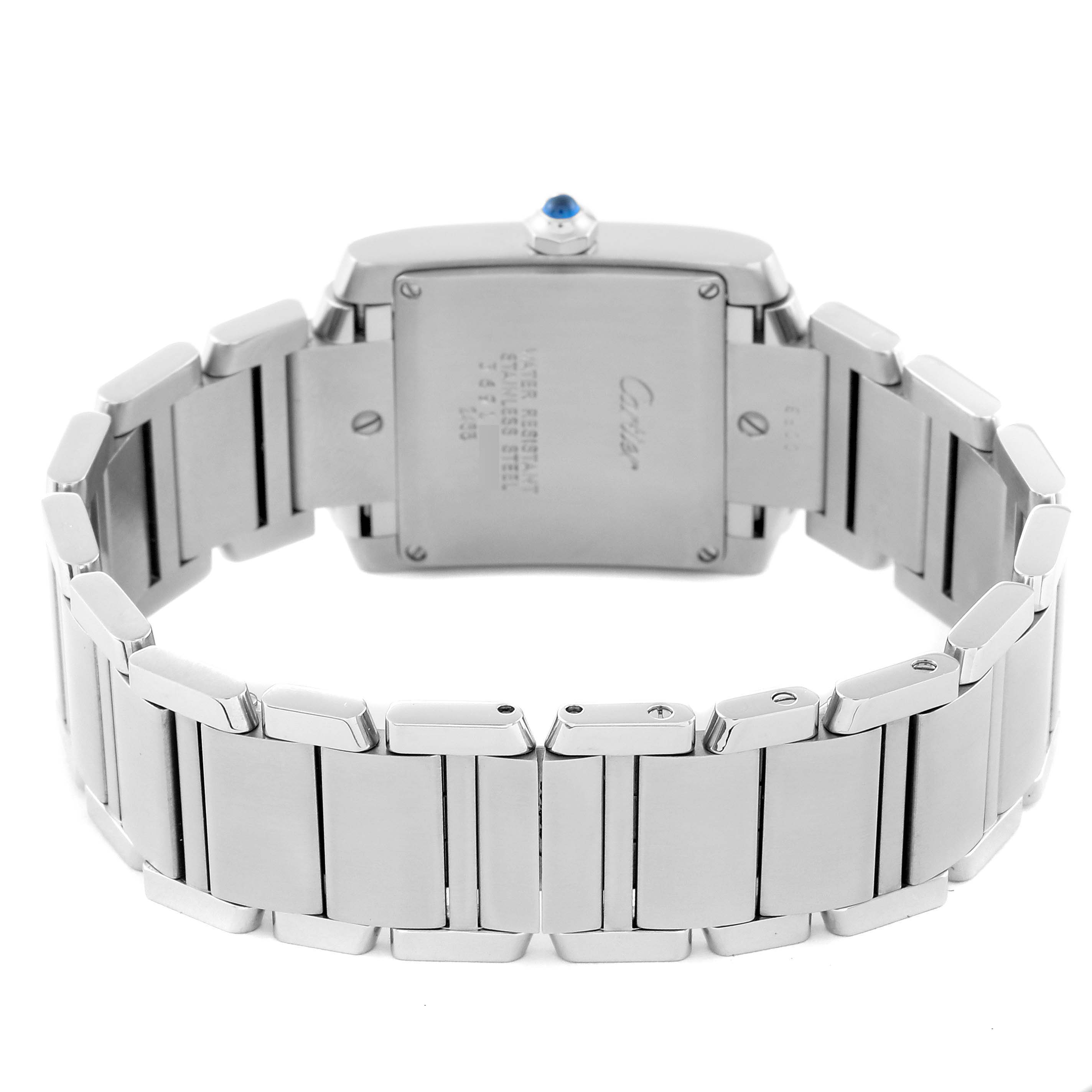 The image shows the backside and bracelet of the Cartier Tank Francaise W51011Q3 Women
s Stainless Steel Silver Dial W51011Q3 Women
s Stainless Steel Silver Dial watch.
