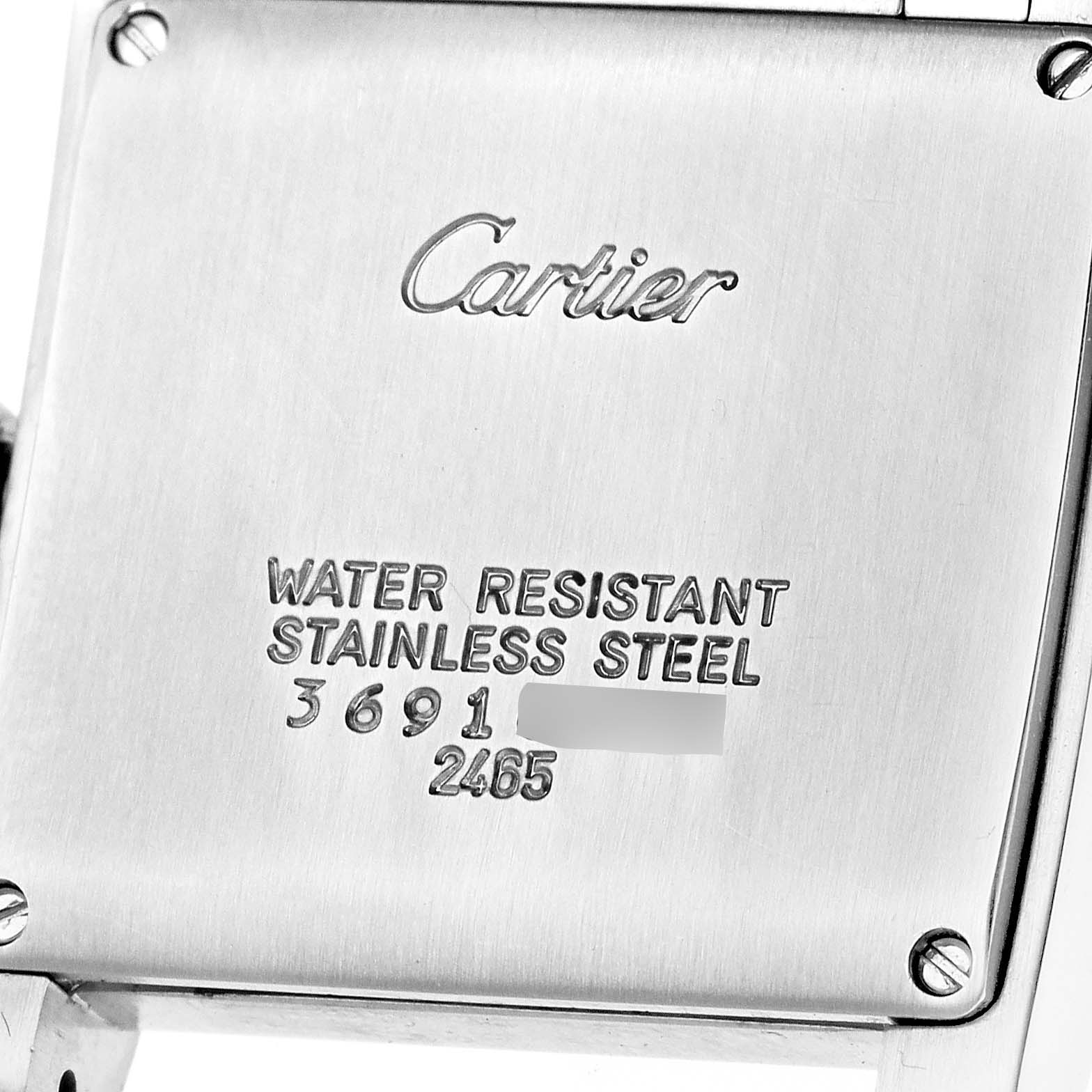 This image shows the back case of a Cartier Tank Francaise W51011Q3 Women
s Stainless Steel Silver Dial W51011Q3 Women
s Stainless Steel Silver Dial watch, highlighting its water resistance and stainless steel construction.