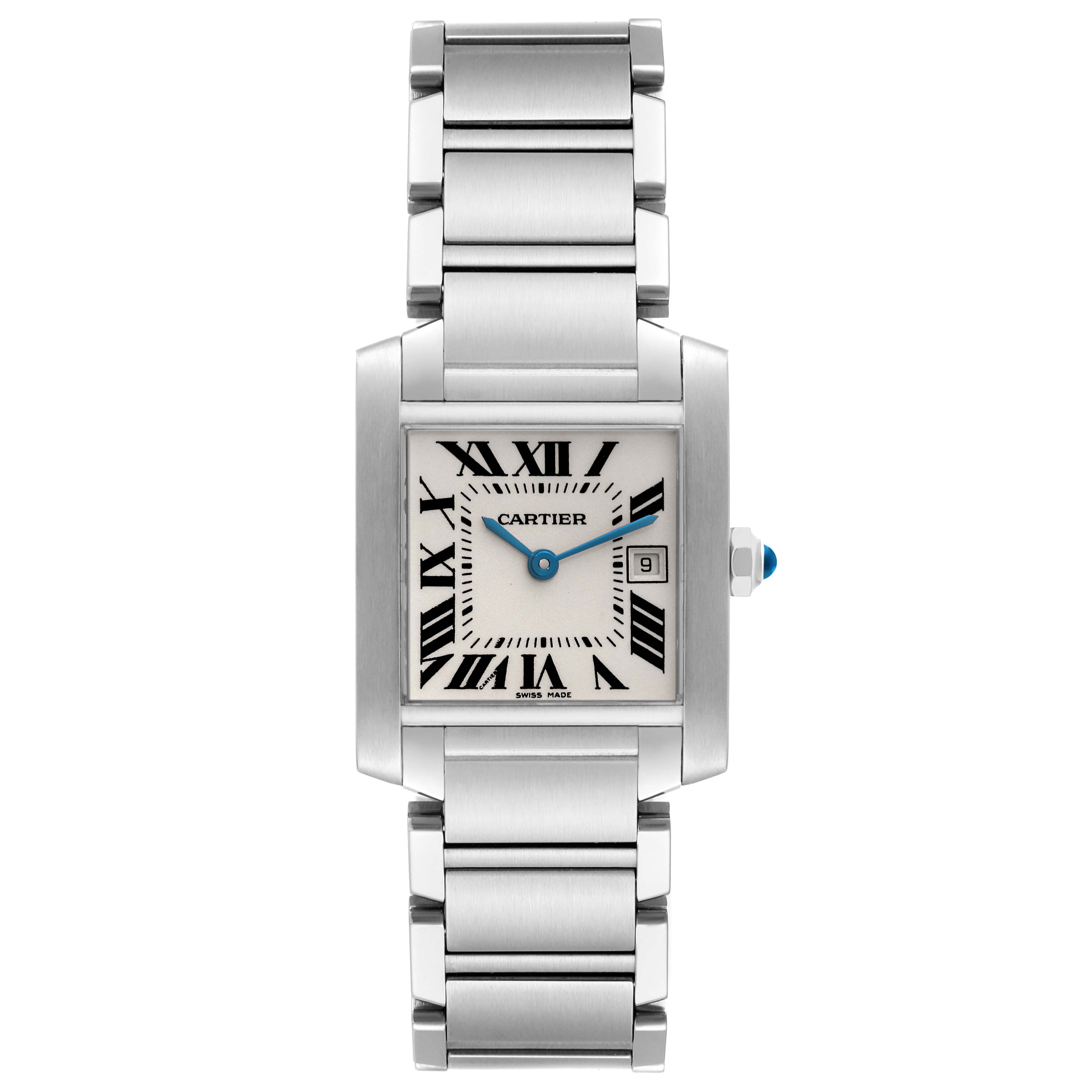 The image displays a front view of the Cartier Tank Francaise W51011Q3 Women
s Stainless Steel Silver Dial W51011Q3 Women
s Stainless Steel Silver Dial watch, focusing on its face and metal bracelet.