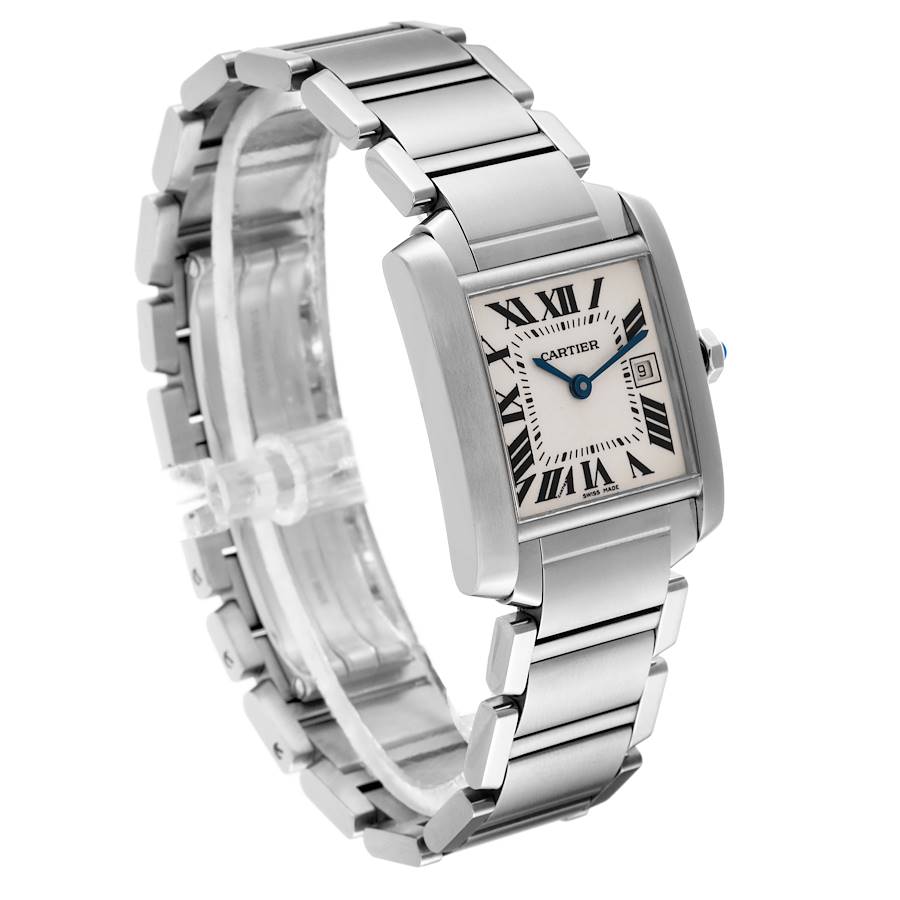 The image shows a Cartier Tank Française watch at a three-quarter angle, highlighting its square face and stainless steel bracelet.