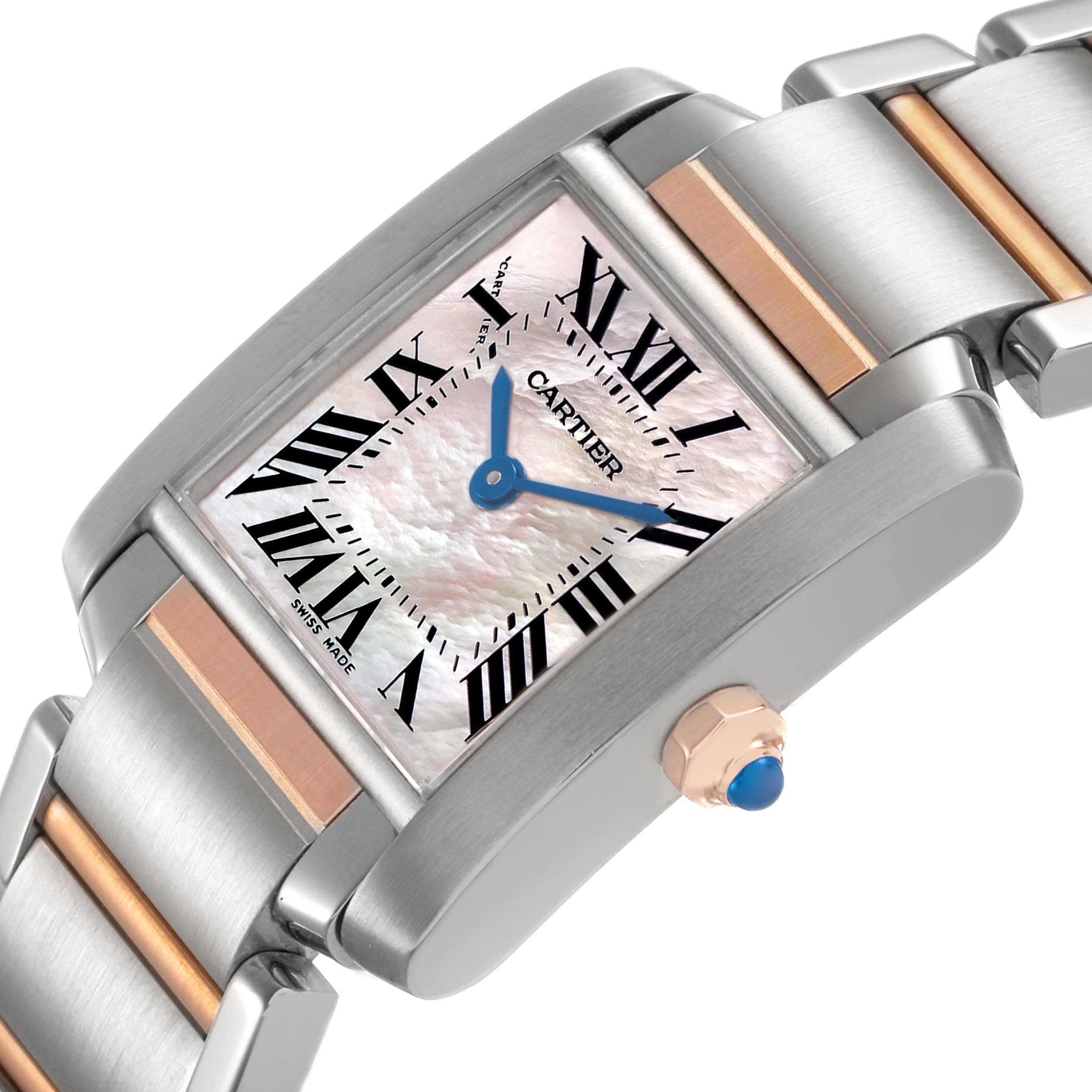 The Cartier Tank Française watch is shown at an angle highlighting the face, crown, and part of the metal bracelet.