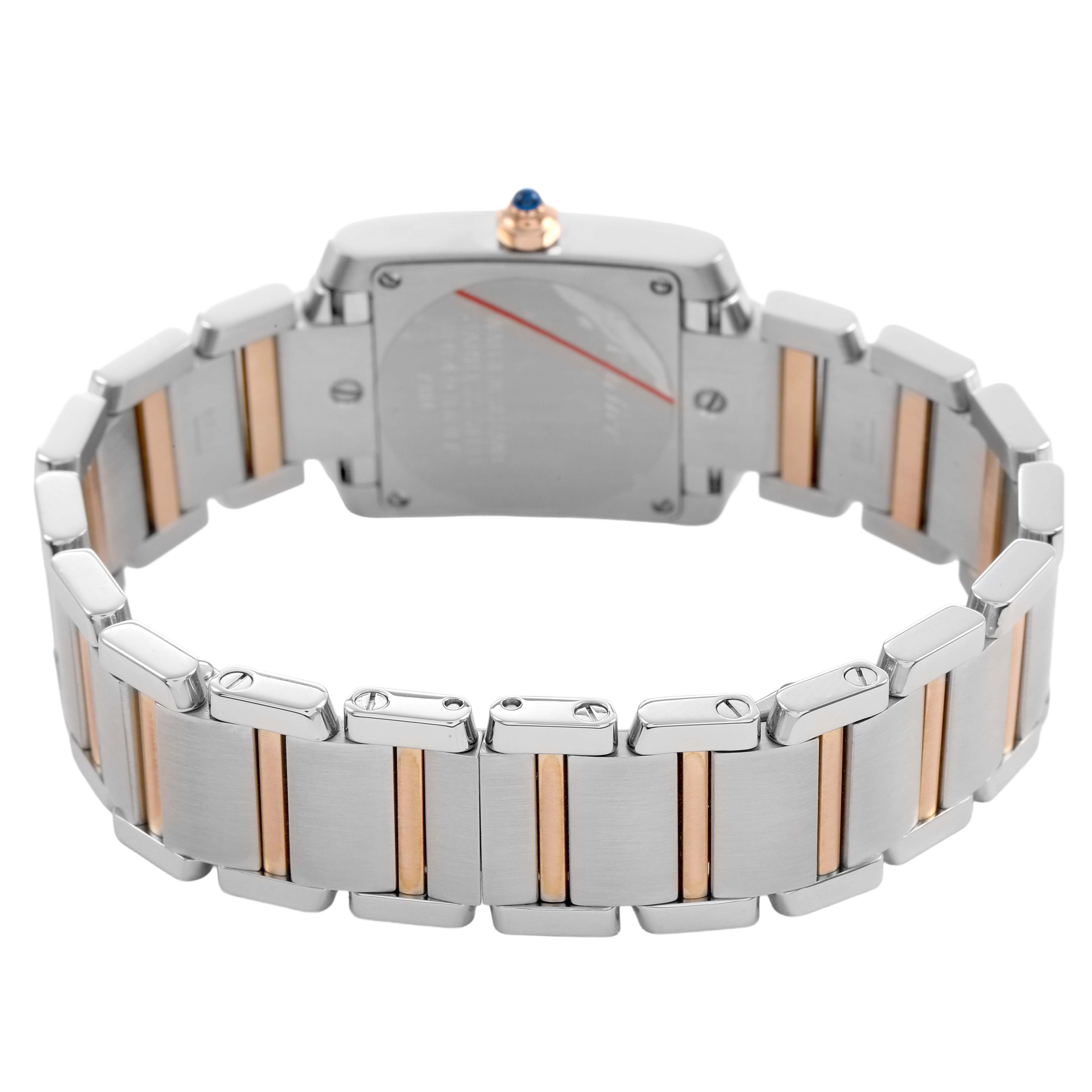 The image shows the back of the Cartier Tank Française watch, highlighting its two-tone bracelet and case back.