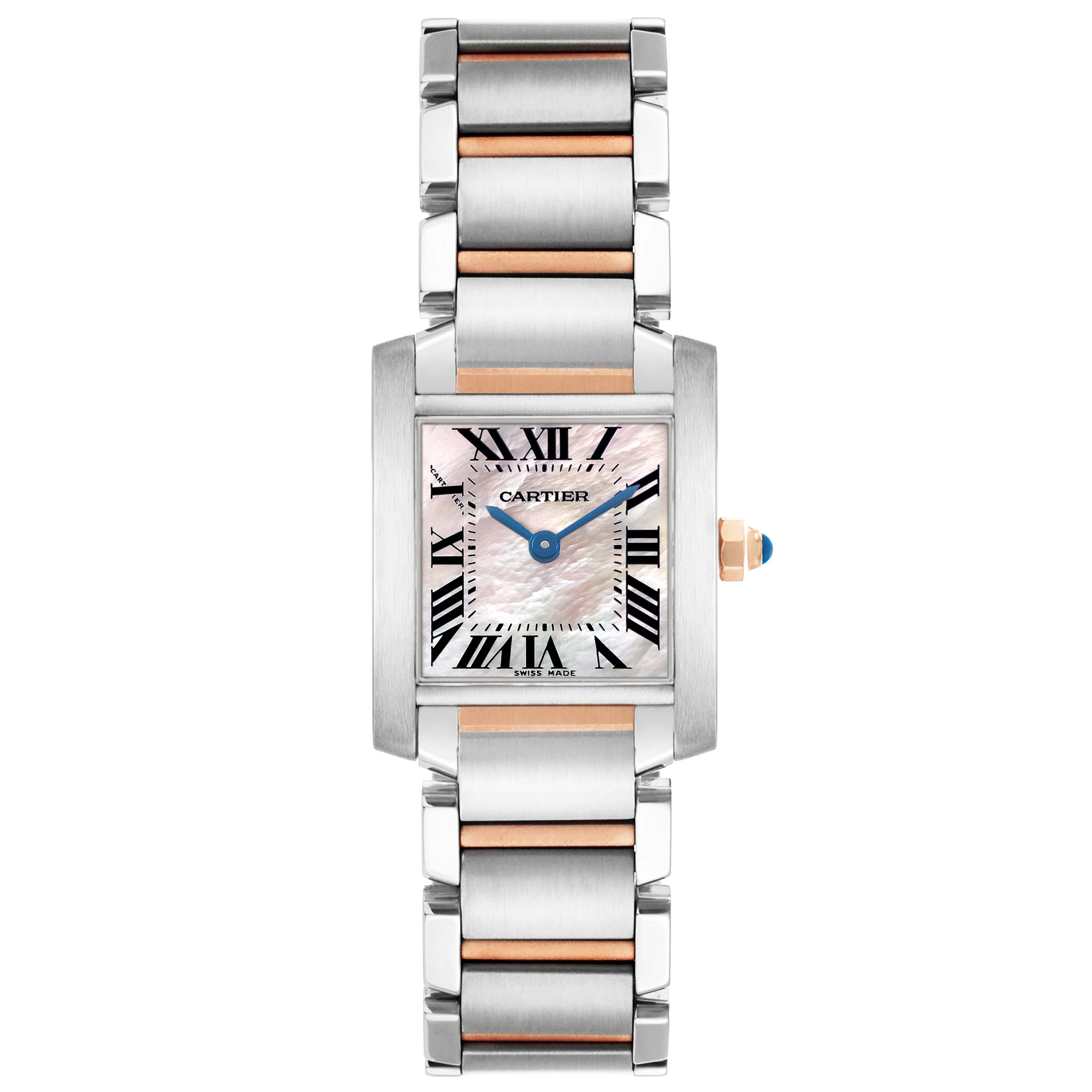 The Cartier Tank Française watch is shown from the front, highlighting the dial, bracelet, and crown.