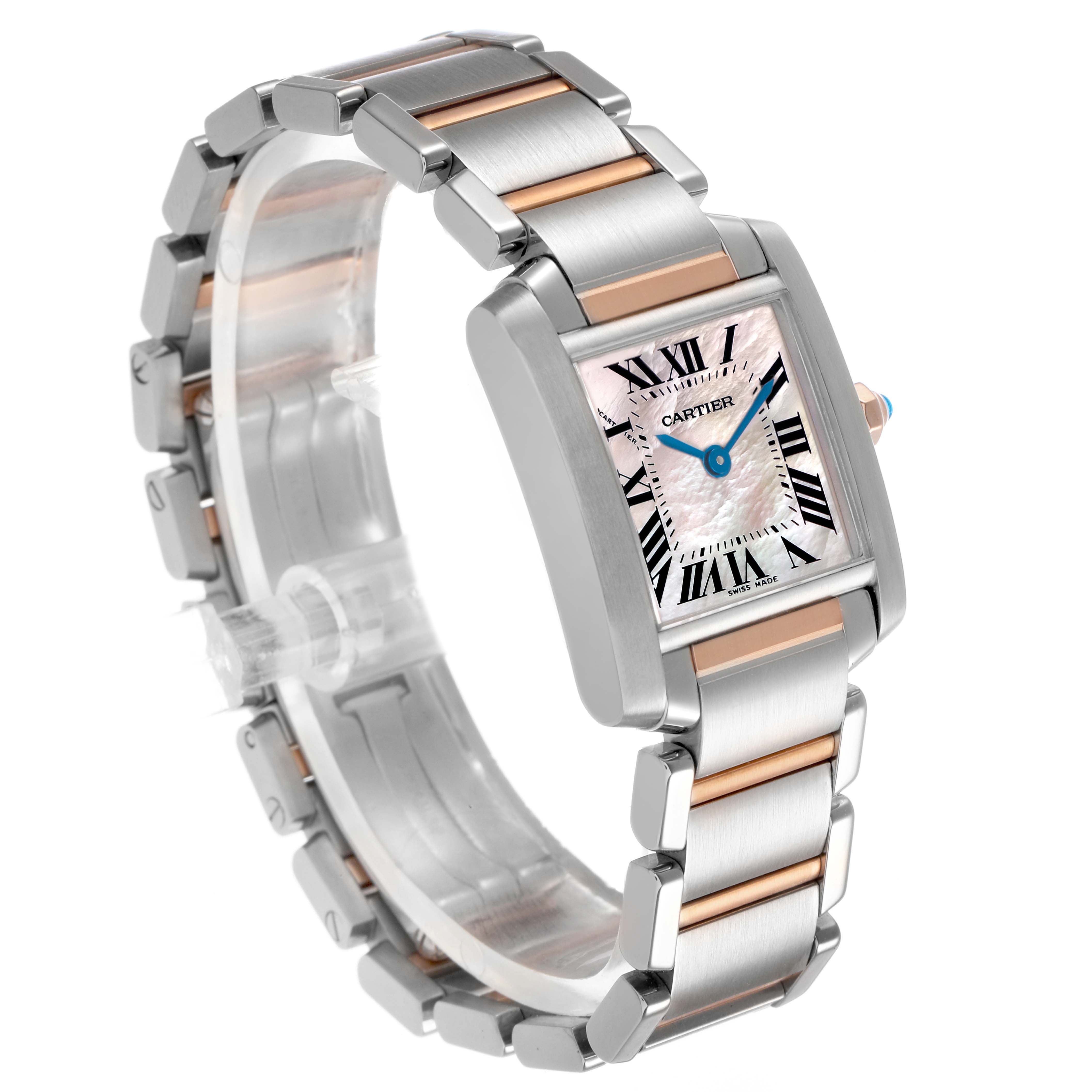 The Cartier Tank Francaise W51027Q4 Women's Steel and Gold (two tone) Mother of Pearl Dial is shown from a slightly angled front view, highlighting the dial and bracelet.