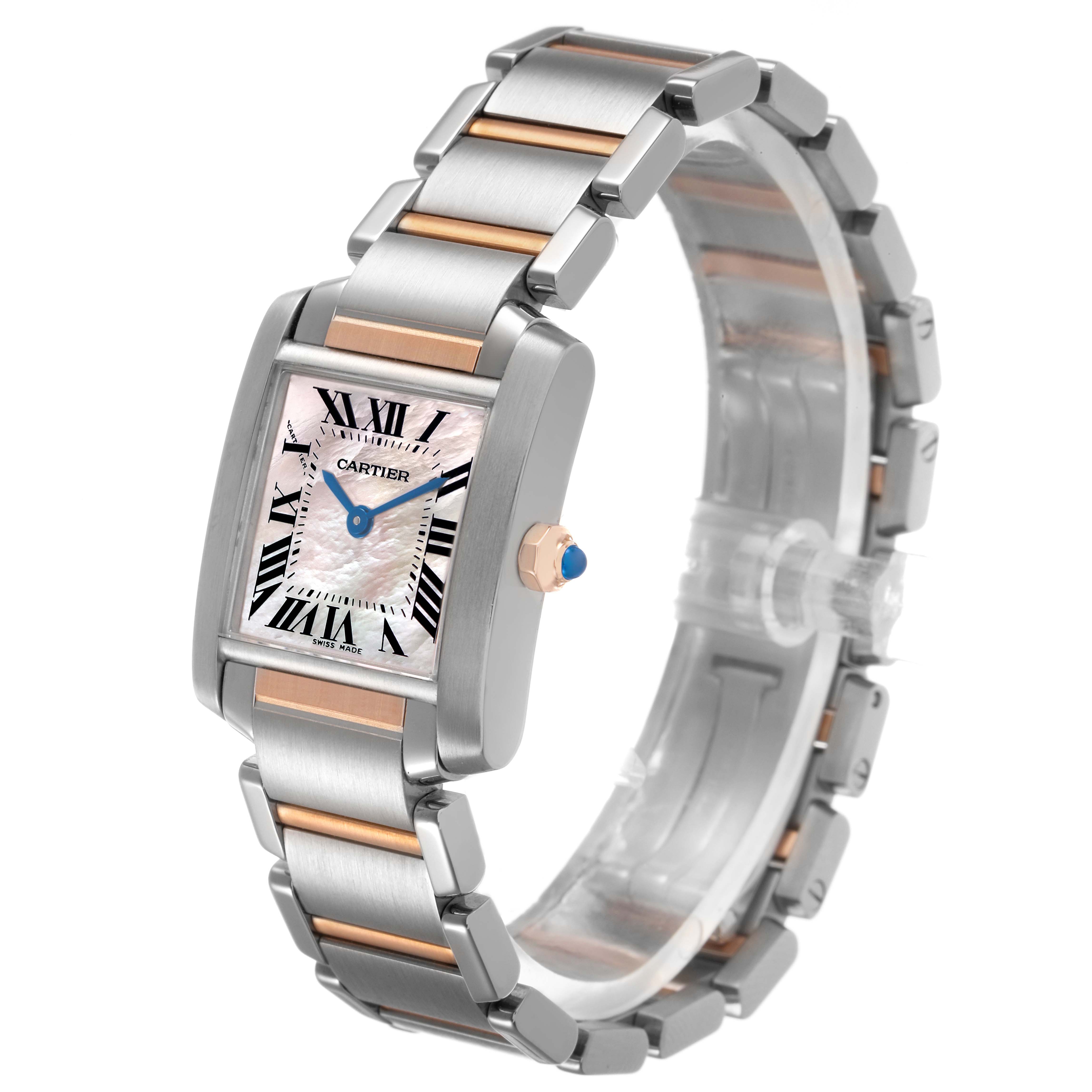 The Cartier Tank Francaise W51027Q4 Women's Steel and Gold (two tone) Mother of Pearl Dial watch is shown at a three-quarter angle, displaying its face, case, and bracelet.