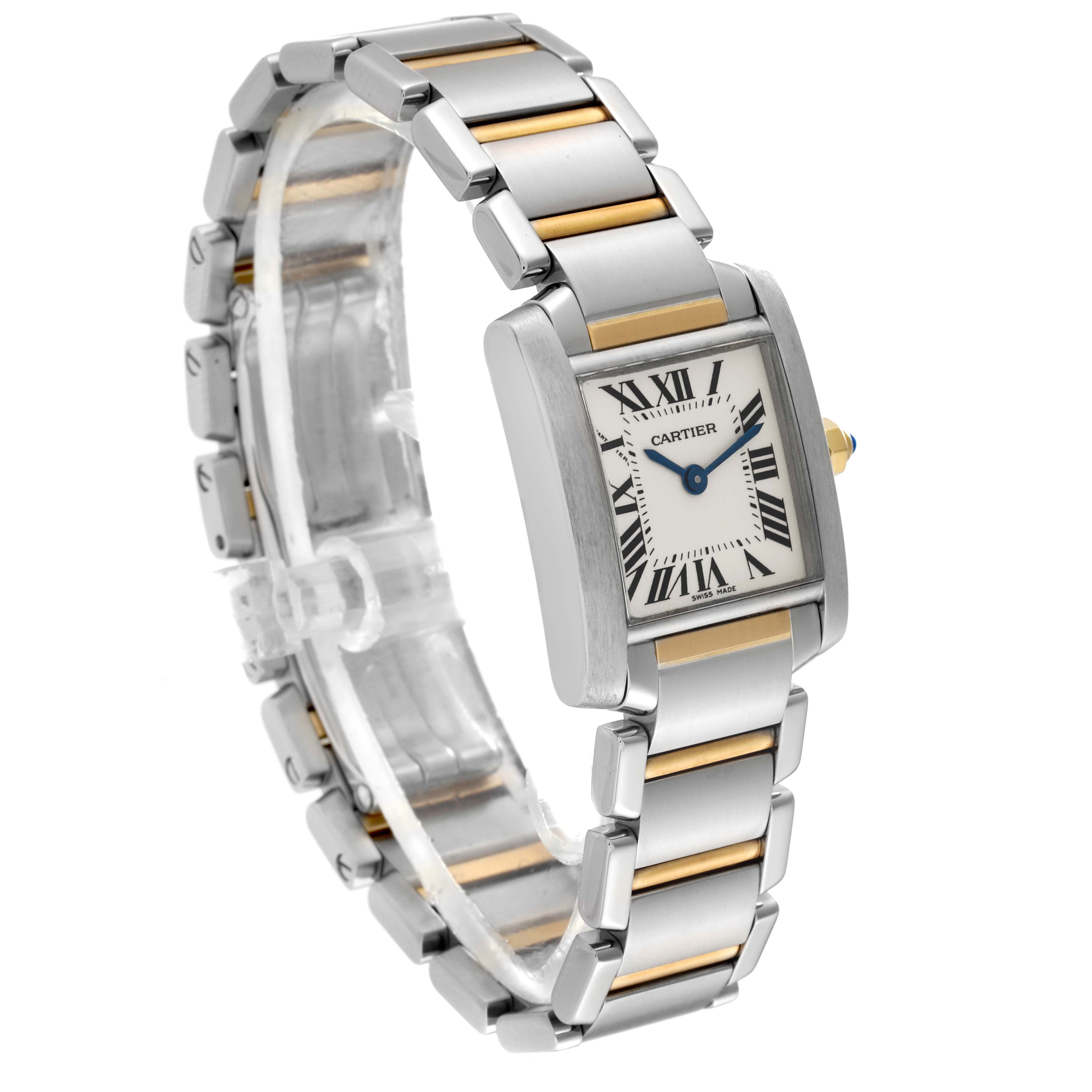 The image shows a Cartier Tank Francaise W51007Q4 Women's Steel and Gold (two tone) Silver Dial W51007Q4 Women's Steel and Gold (two tone) Silver Dial watch at a three-quarter angle, displaying the face and bracelet.