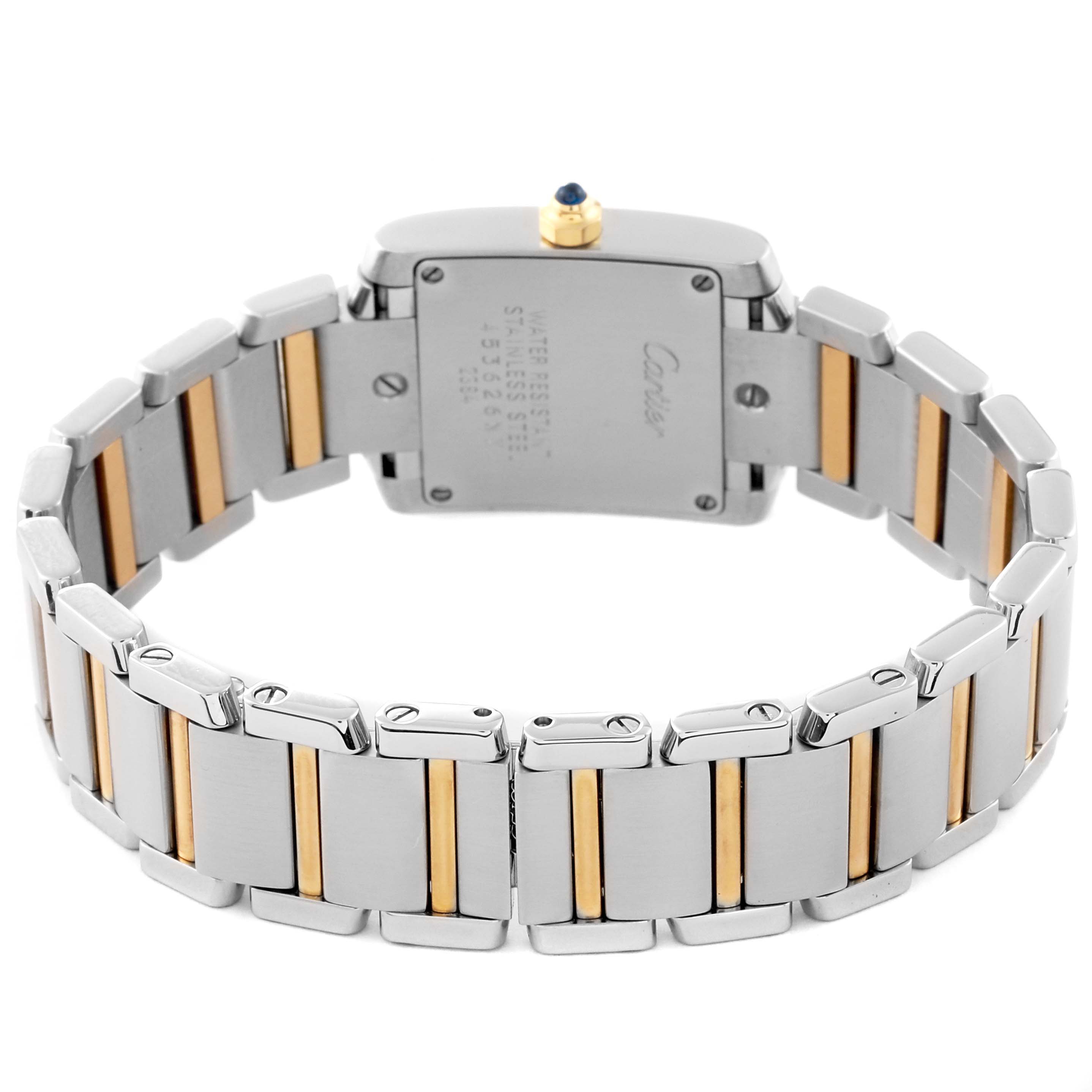 The image shows the back view of a Cartier Tank Française watch, highlighting the two-tone metal bracelet and case back.