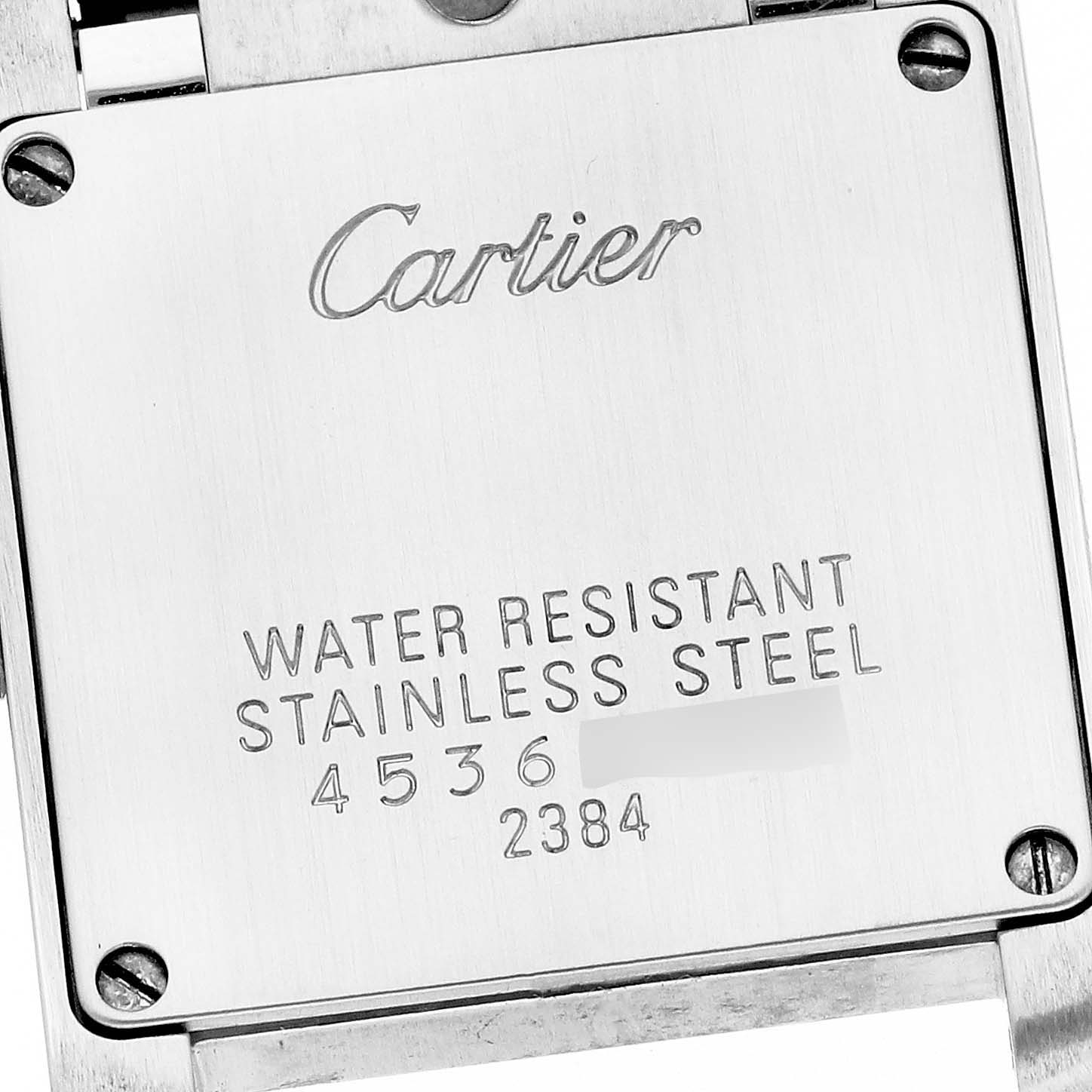 This image shows the back case of a Cartier Tank Francaise W51007Q4 Women's Steel and Gold (two tone) Silver Dial W51007Q4 Women's Steel and Gold (two tone) Silver Dial watch, highlighting the water resistance and stainless steel details.