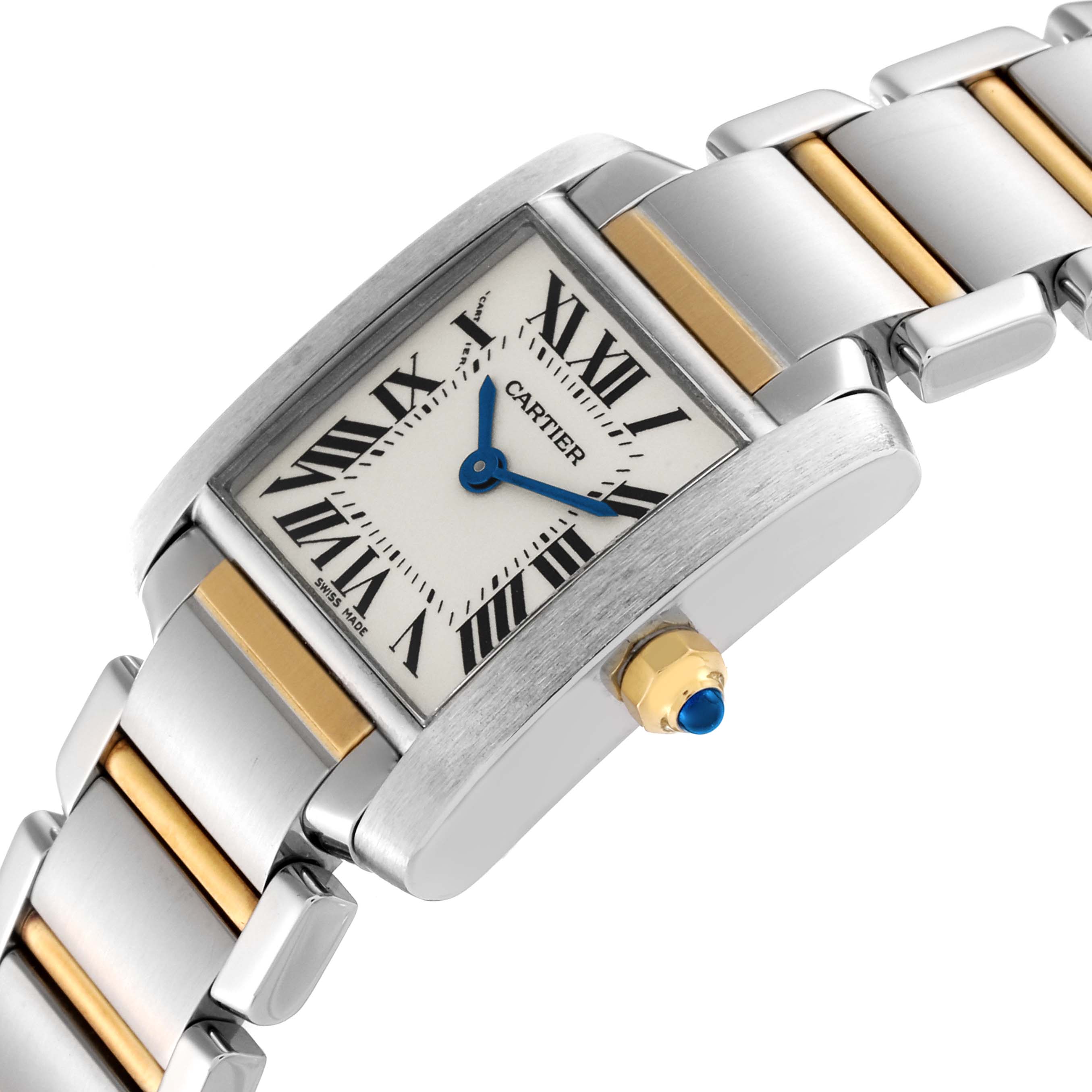 The image shows a Cartier Tank Francaise W51007Q4 Women's Steel and Gold (two tone) Silver Dial W51007Q4 Women's Steel and Gold (two tone) Silver Dial watch at an angled view highlighting the dial, crown, and bracelet.