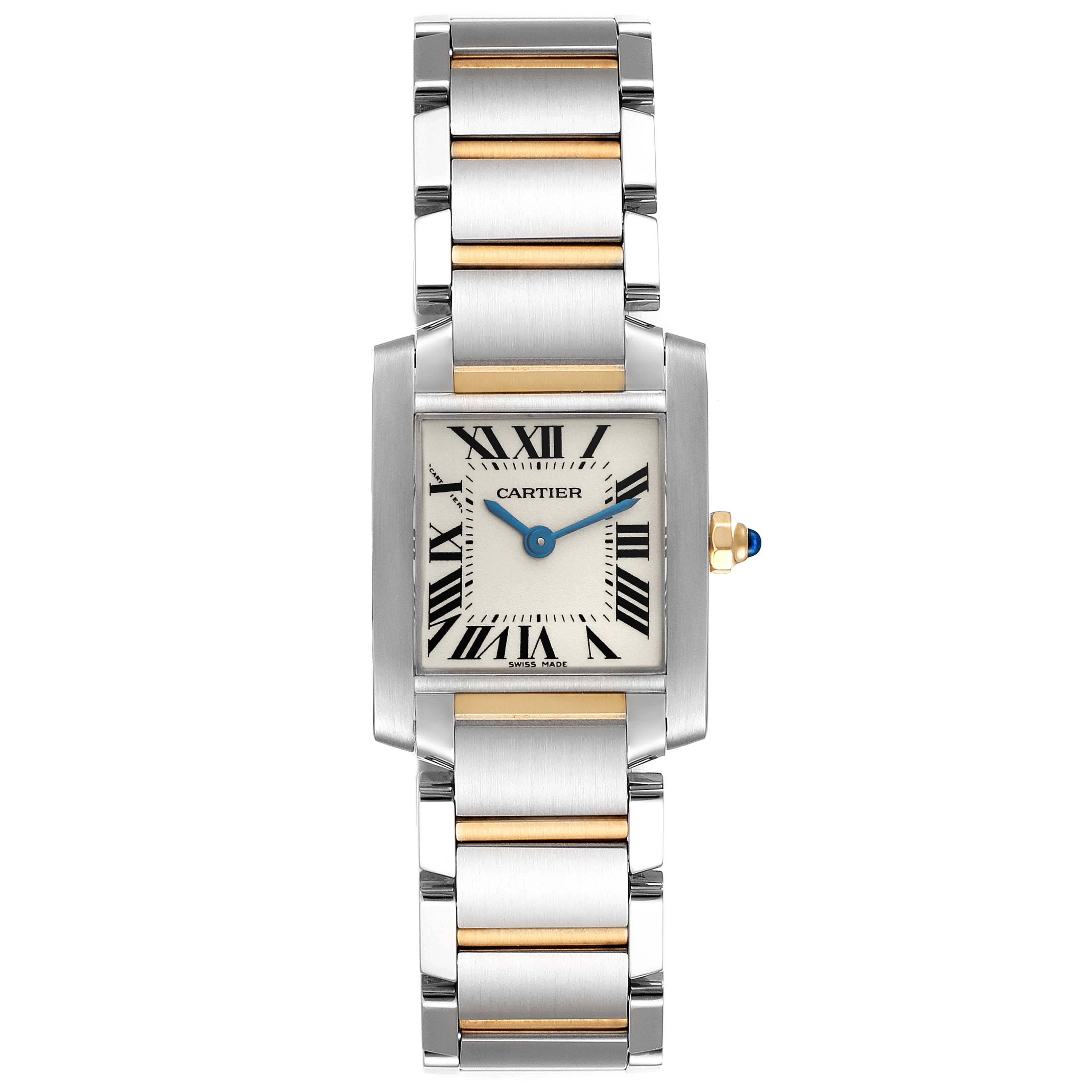 The image shows a front view of a Cartier Tank Francaise W51007Q4 Women's Steel and Gold (two tone) Silver Dial W51007Q4 Women's Steel and Gold (two tone) Silver Dial watch with a stainless steel and gold bracelet.