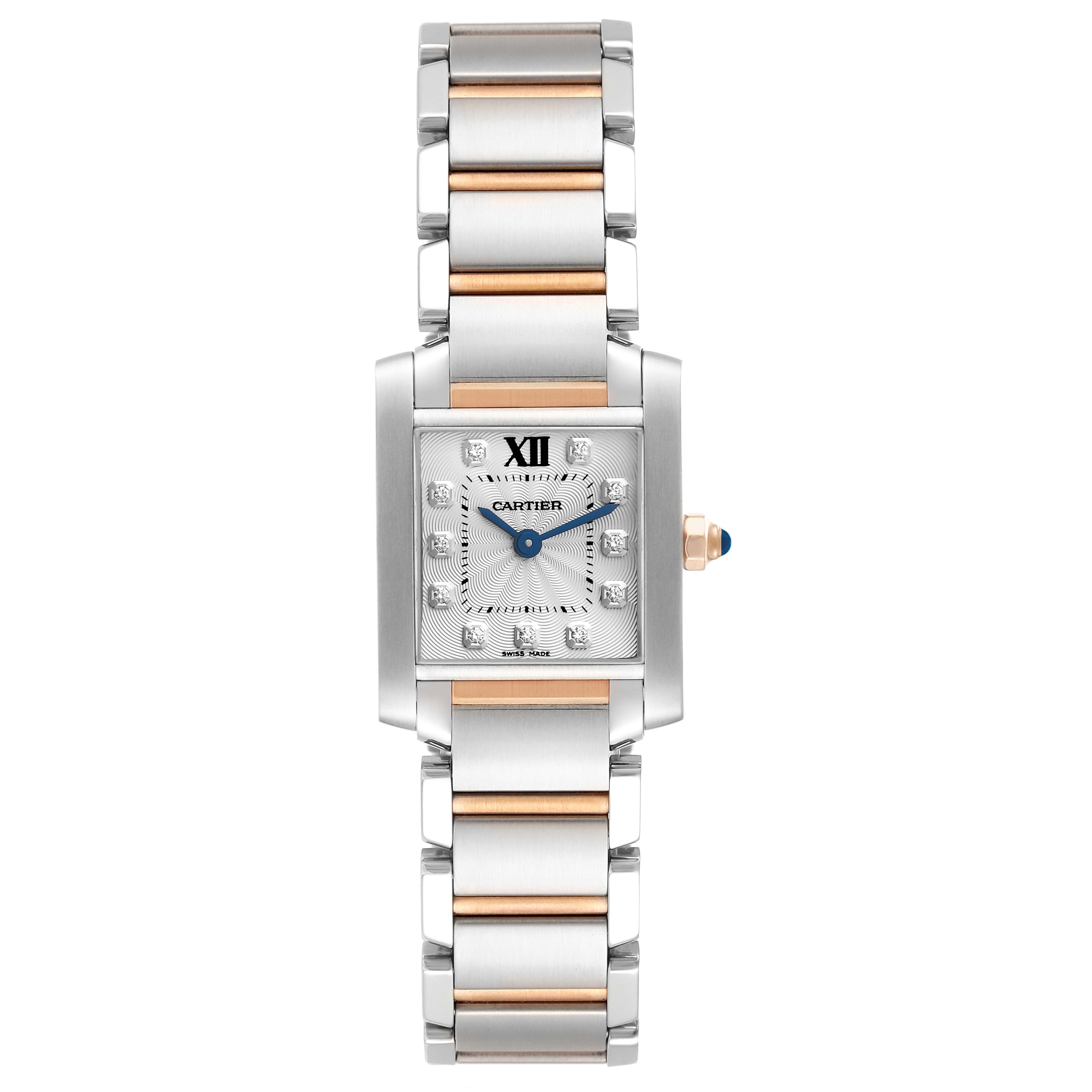 The image shows a front view of a Cartier Tank Française watch, highlighting its face, hands, and bracelet.