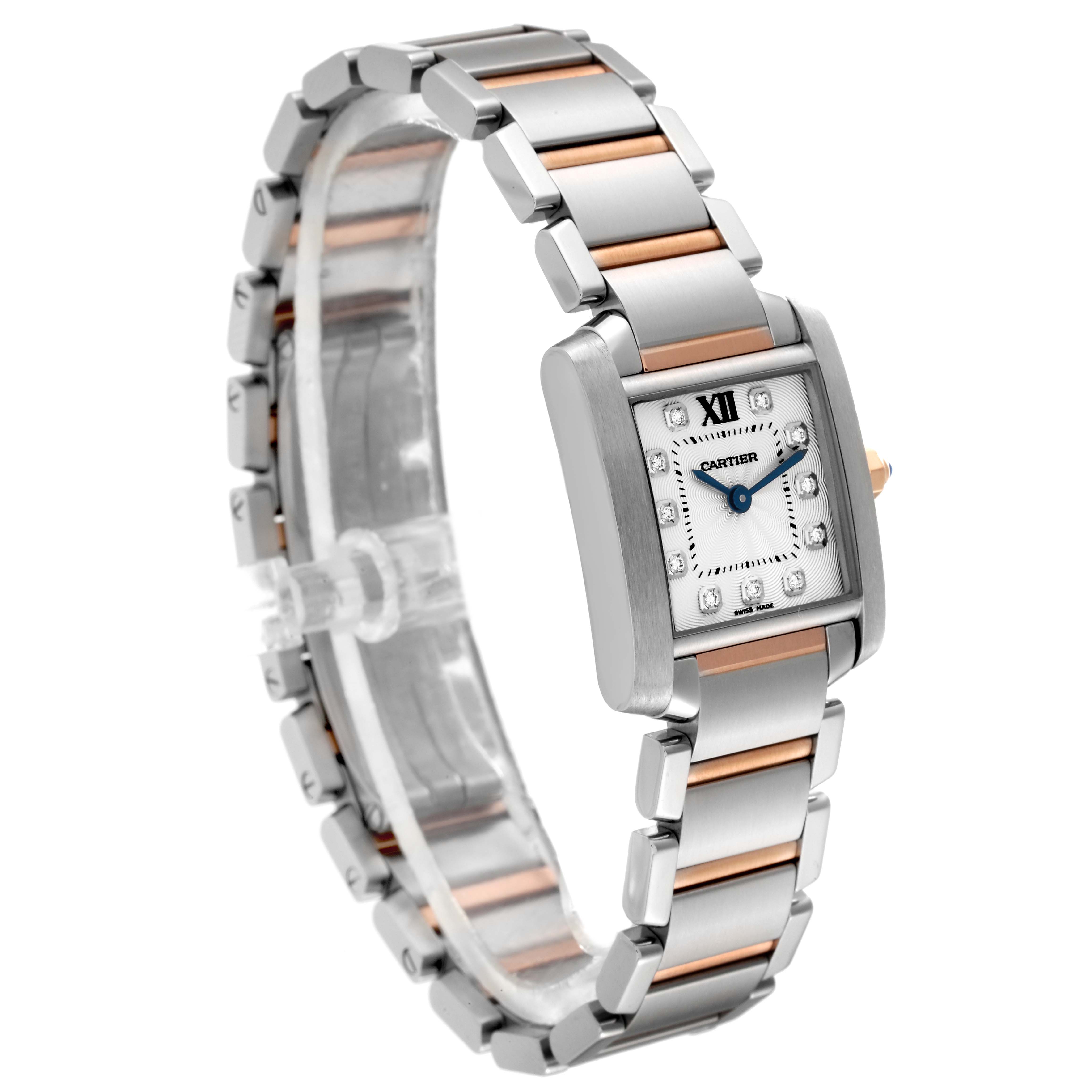 The image shows a Cartier Tank Francaise WE110004 Women's Steel and Gold (two tone) Silver Dial WE110004 Women's Steel and Gold (two tone) Silver Dial watch at an angled view, highlighting the bracelet and rectangular face.