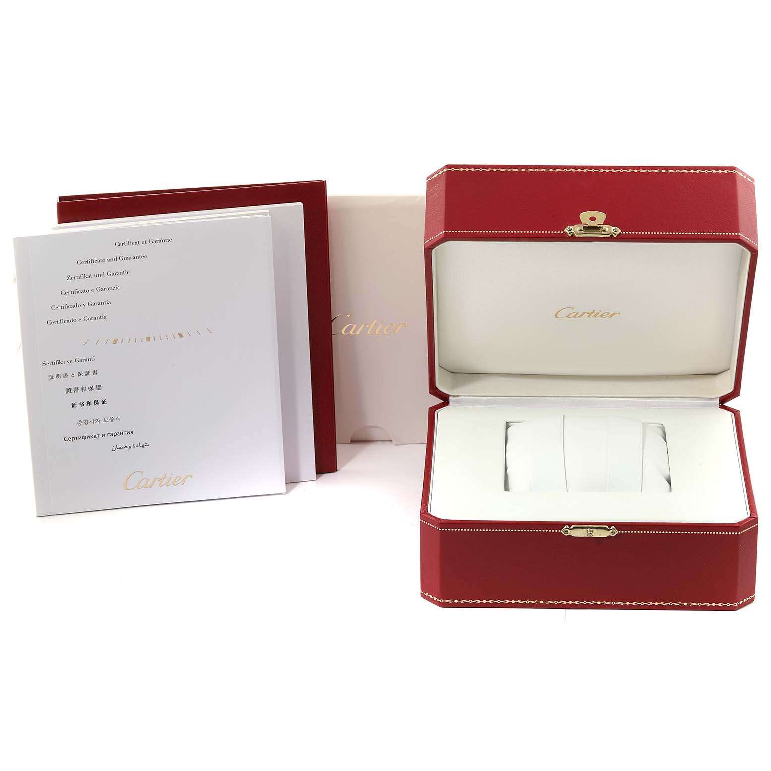 This image shows the packaging and documentation for the Cartier Tank Française model watch, including the red presentation box and warranty papers.