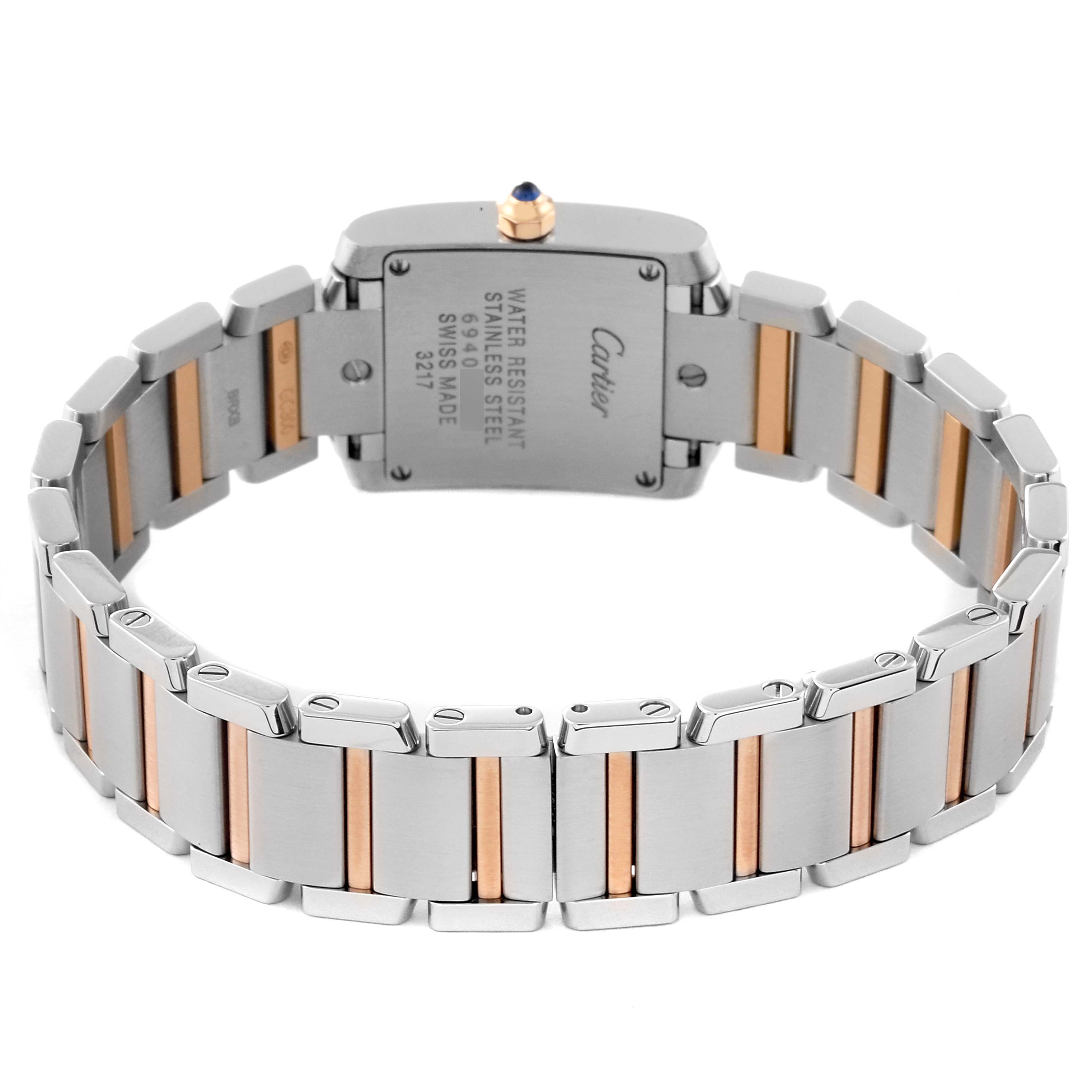 The image shows the back view of a Tank Francaise model by Cartier, displaying its stainless steel and rose gold bracelet.