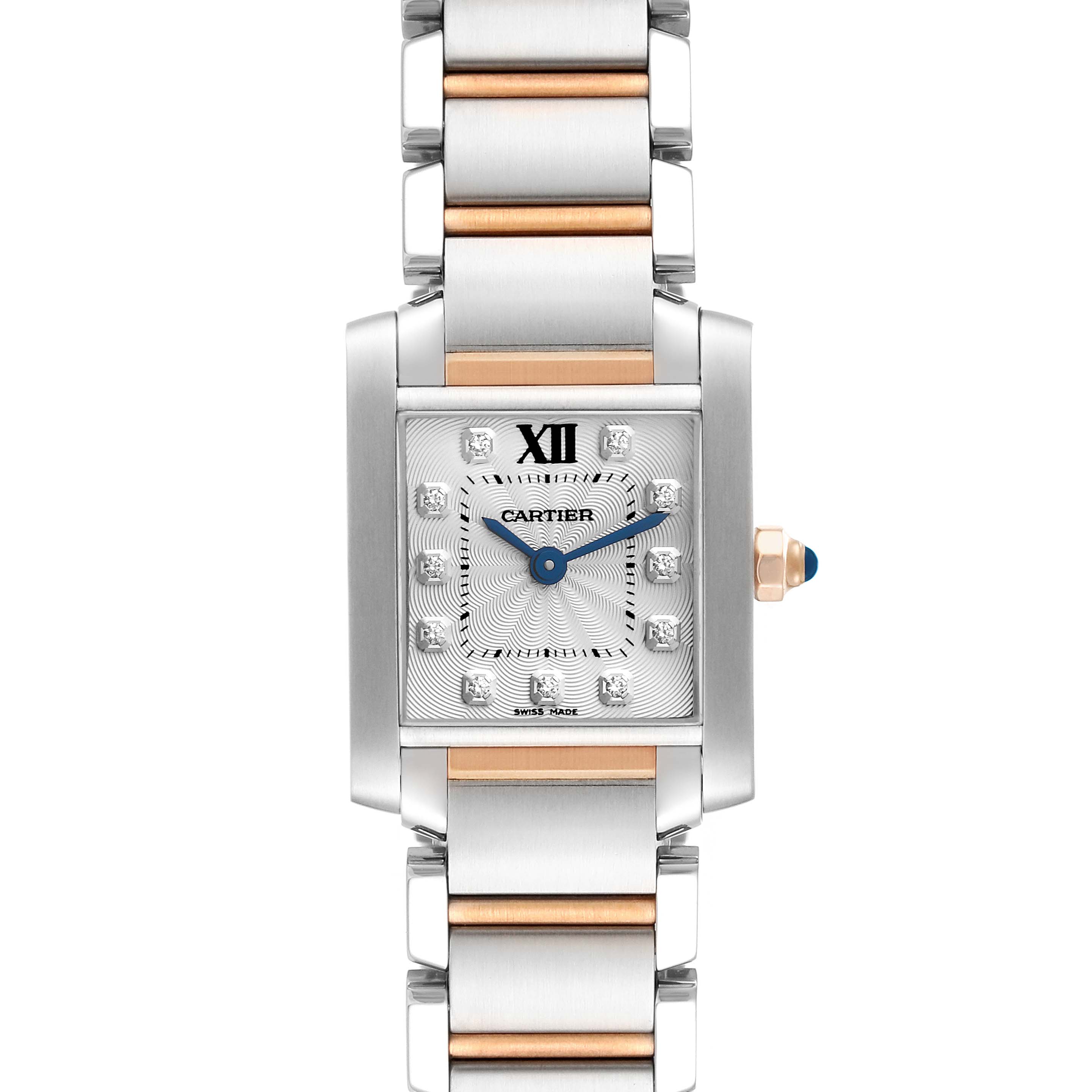 This image shows a front view of the Cartier Tank Francaise WE110004 Women's Steel and Gold (two tone) Silver Dial WE110004 Women's Steel and Gold (two tone) Silver Dial model watch, highlighting the face, hands, and bracelet.