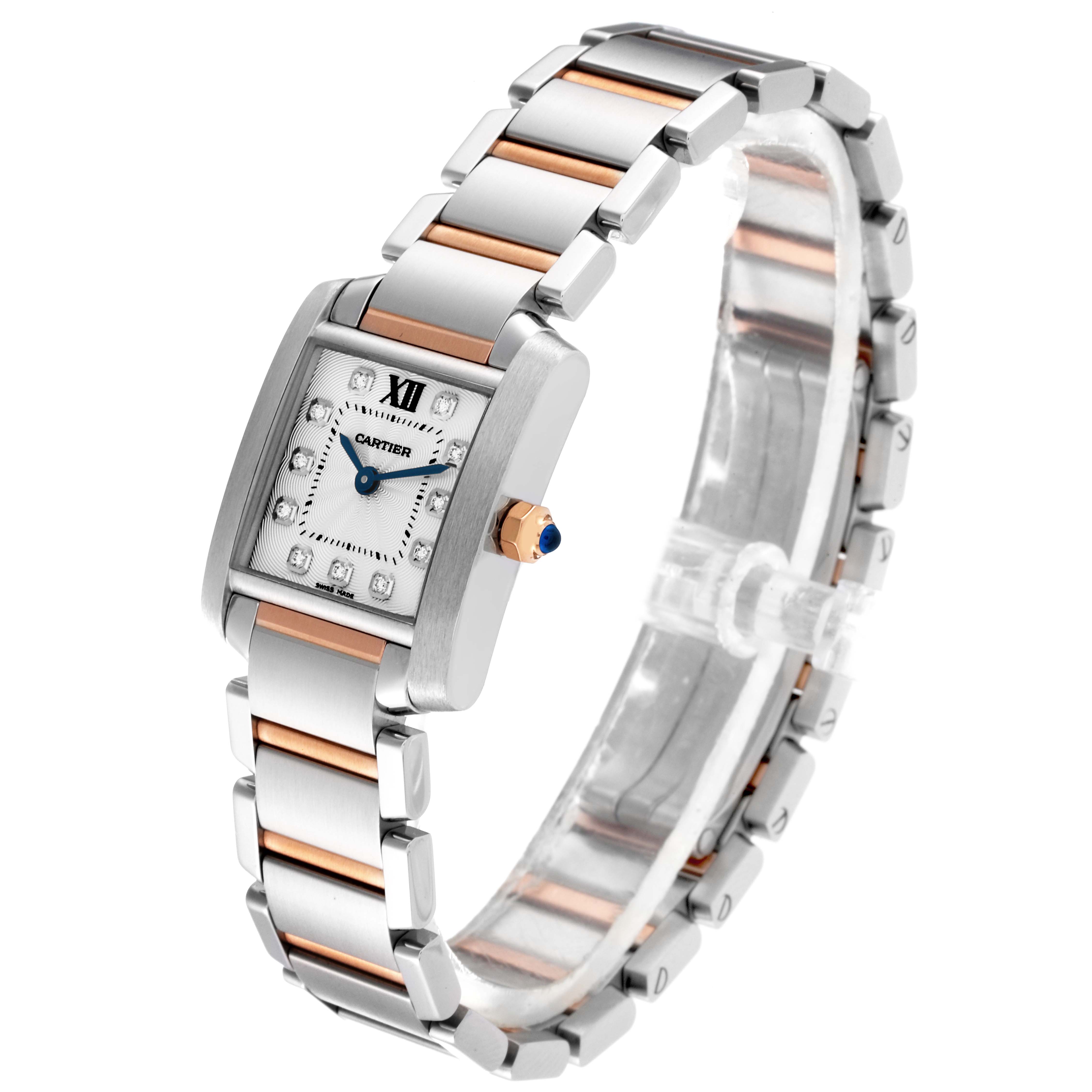 The Cartier Tank Francaise WE110004 Women's Steel and Gold (two tone) Silver Dial WE110004 Women's Steel and Gold (two tone) Silver Dial watch is shown at an angled side view, displaying its face, rose gold crown, and two-tone bracelet.