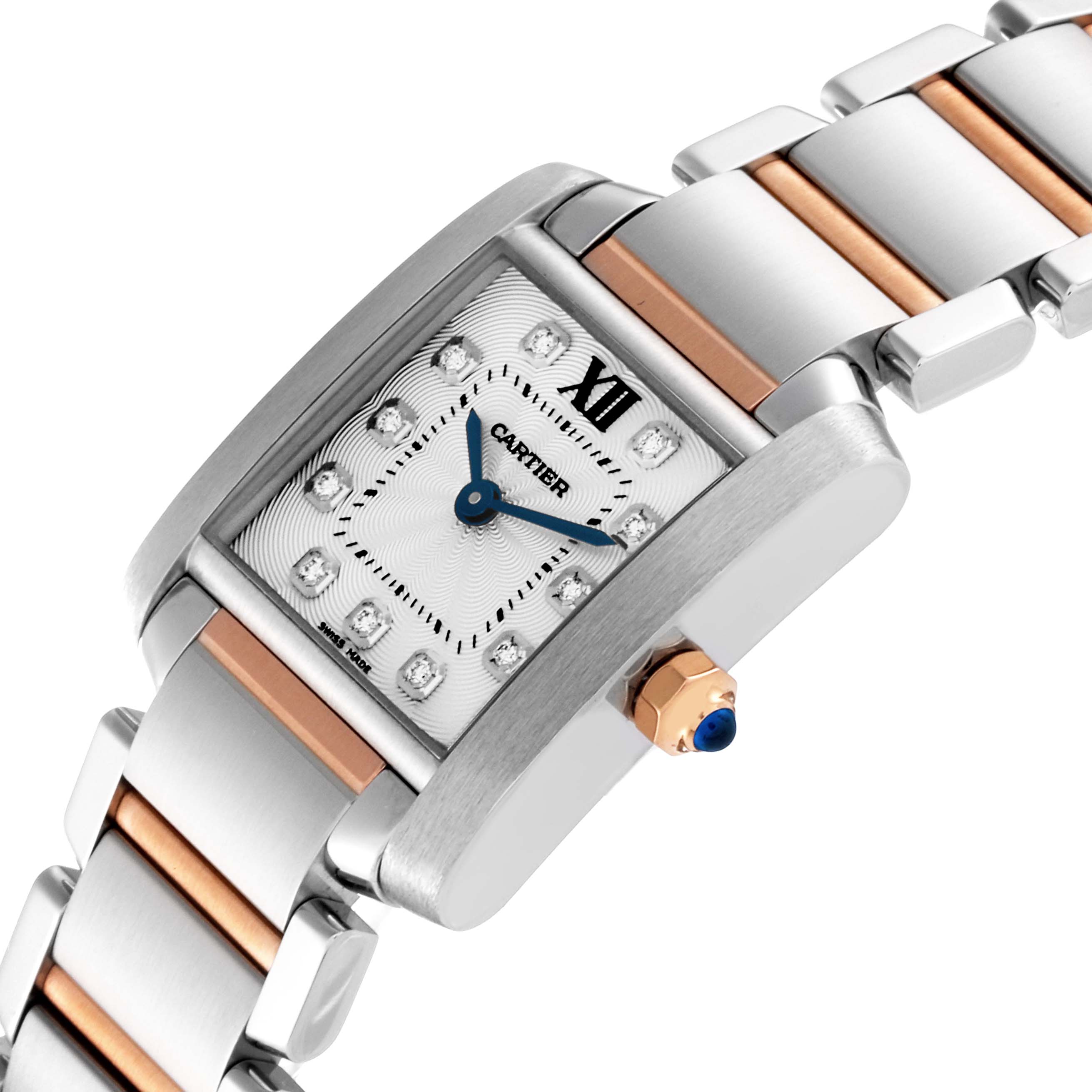 This image shows a Tank Francaise model by Cartier at an angle highlighting the watch face, band, and crown adorned with a blue cabochon.