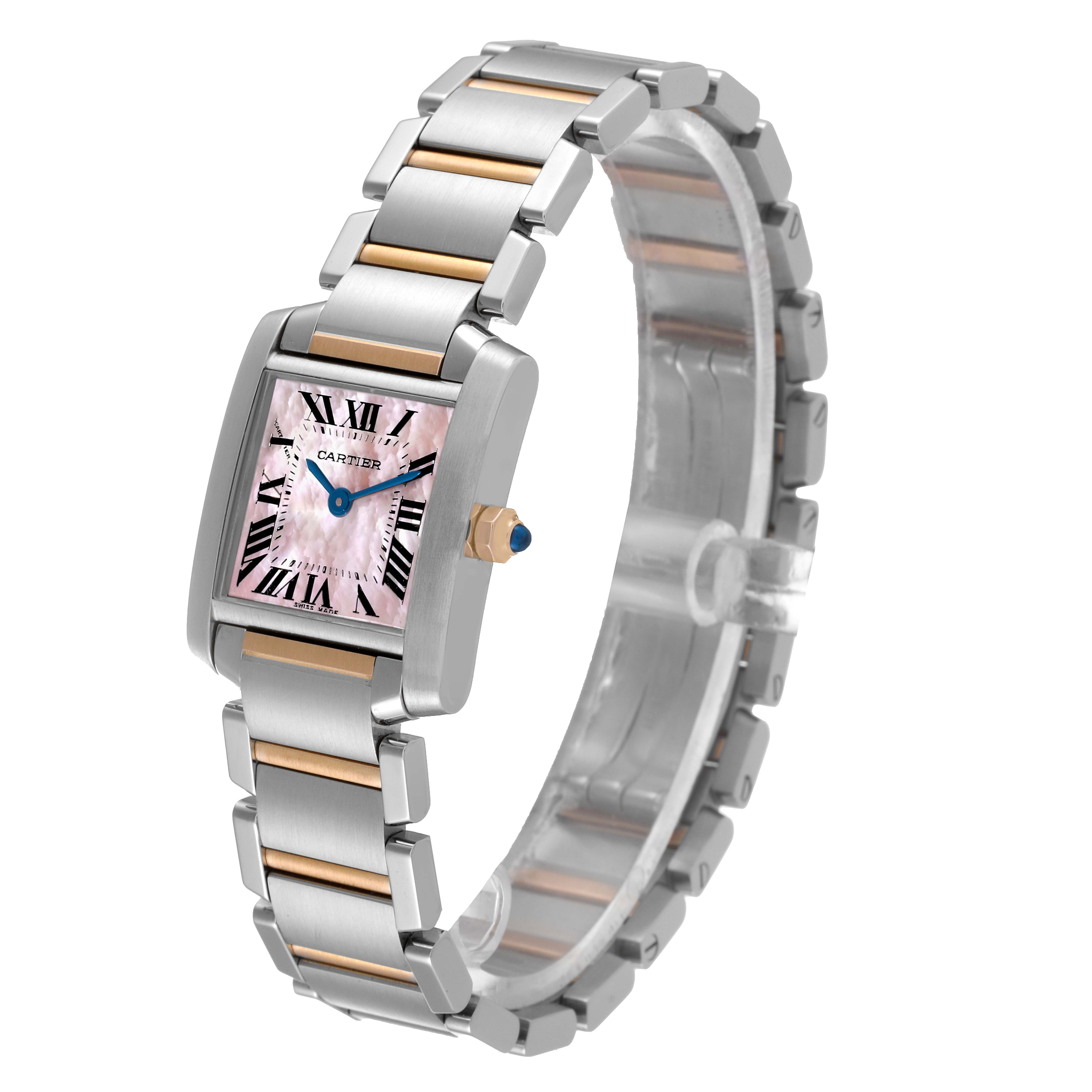 The image shows a Cartier Tank Francaise W51027Q4 Women's Steel and Gold (two tone) Mother of Pearl Dial W51027Q4 Women's Steel and Gold (two tone) Mother of Pearl Dial watch from a front and slightly angled perspective, displaying its band and face.