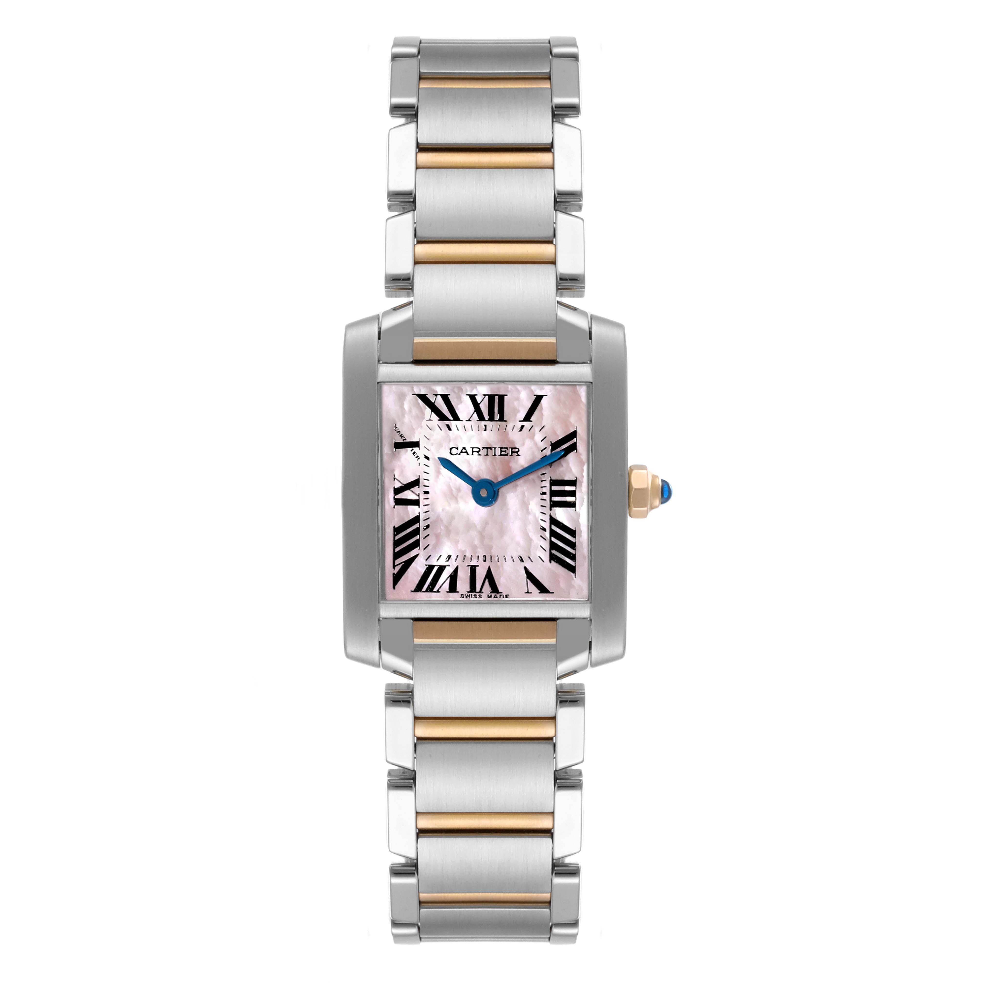 This image shows a Cartier Tank Francaise W51027Q4 Women's Steel and Gold (two tone) Mother of Pearl Dial W51027Q4 Women's Steel and Gold (two tone) Mother of Pearl Dial watch from a top-down angle, highlighting the face, case, and bracelet.